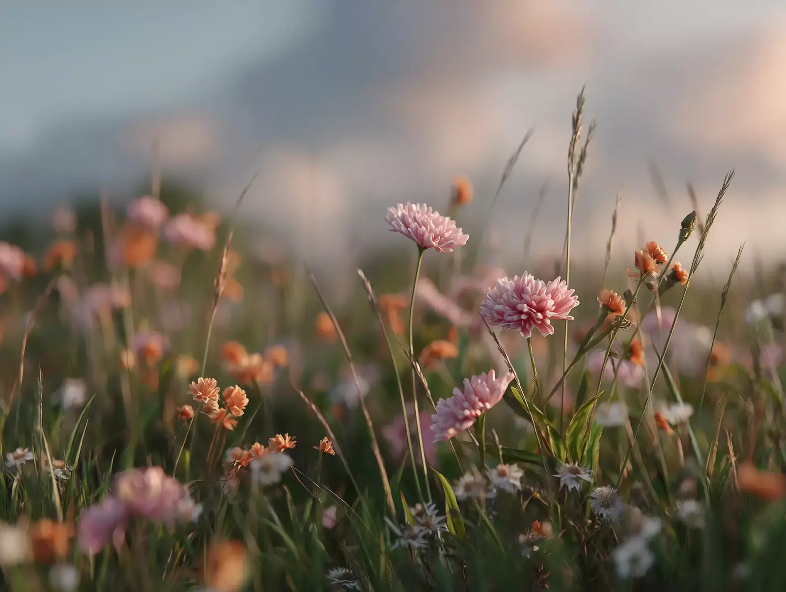 Close view of a flowering meadow in low evening light