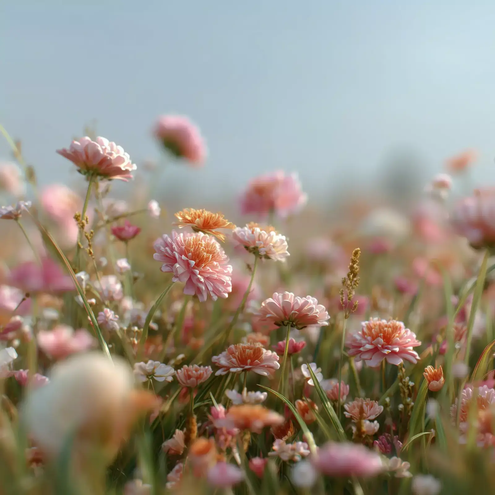 Pale meadow flowers against a hazy sky