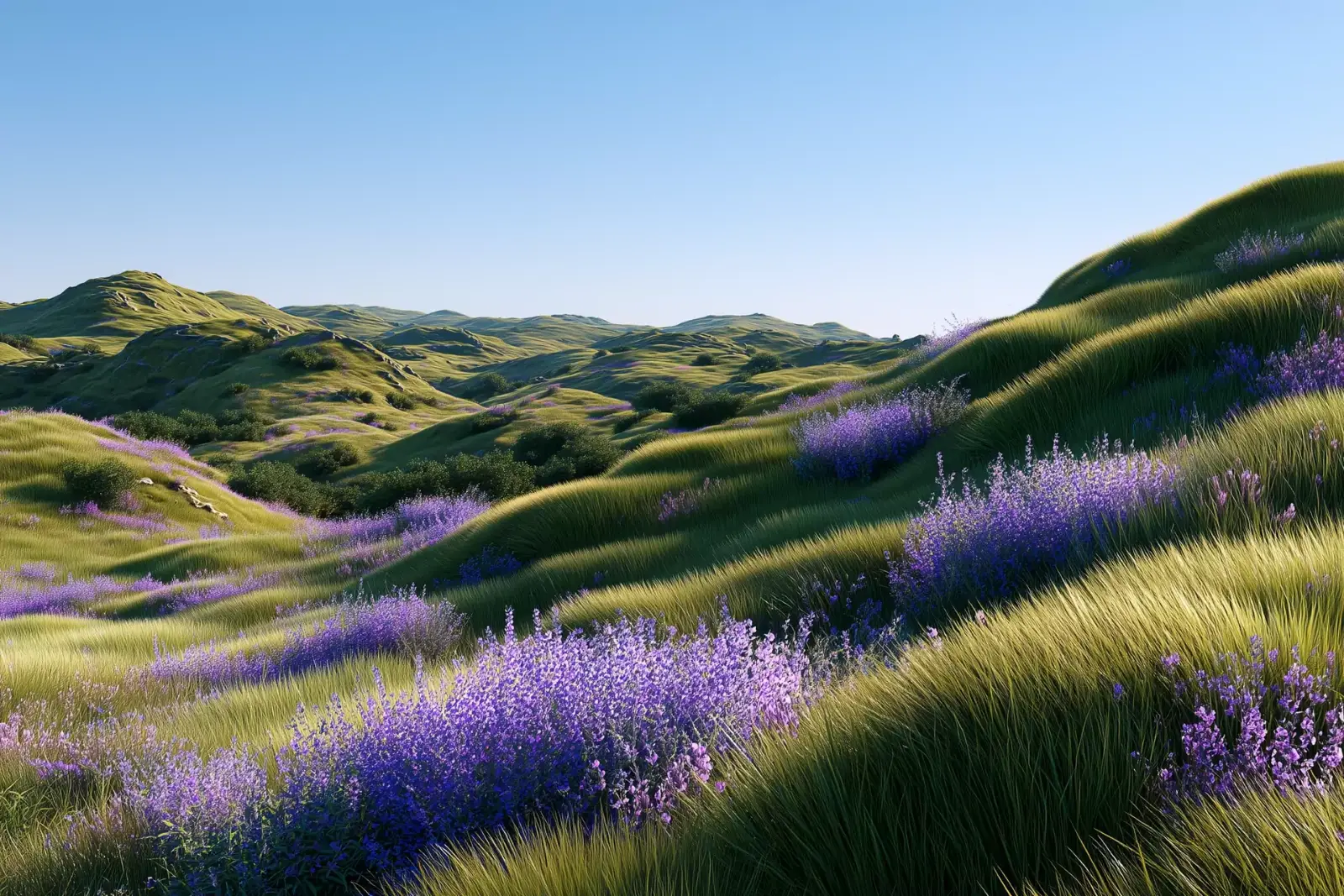 Rolling hills with grass and lavender in the afternoon
