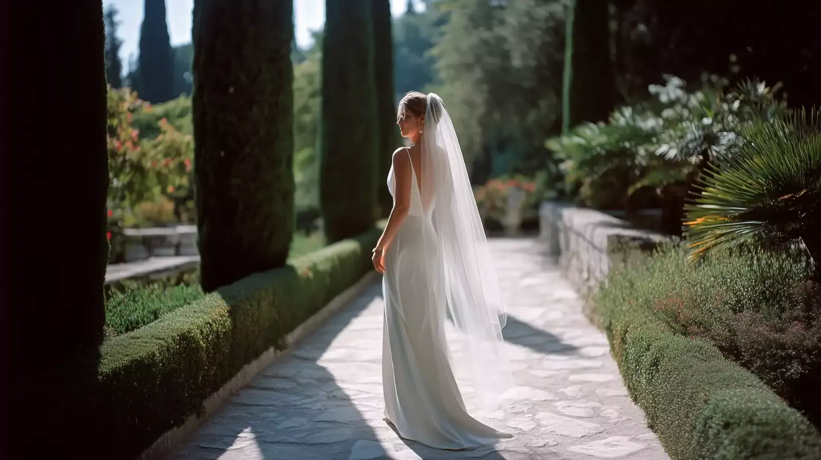 A bride walking along a garden path in a long veil