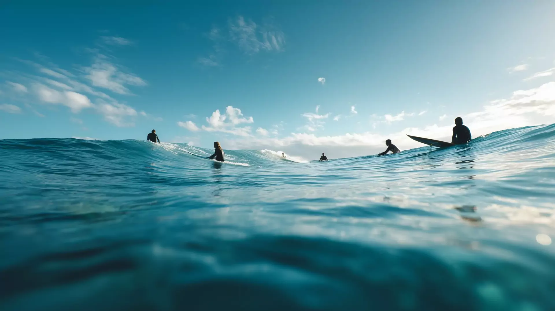 Surfers waiting for a set beyond the break