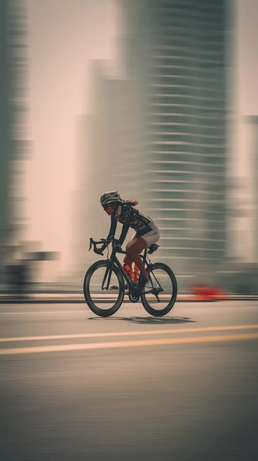 A rider blurred by speed on a wide street