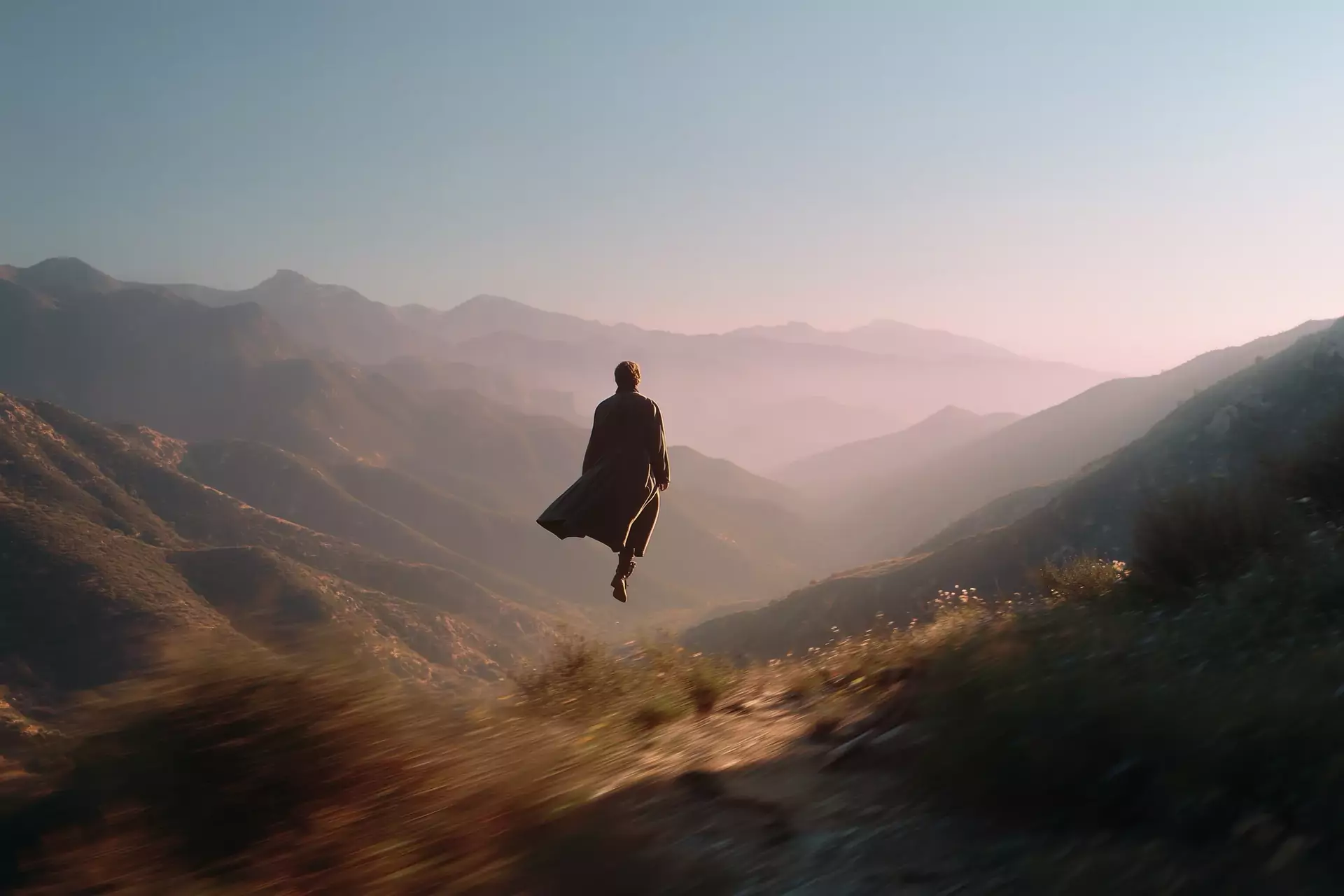 Figure in warm haze above a slope
