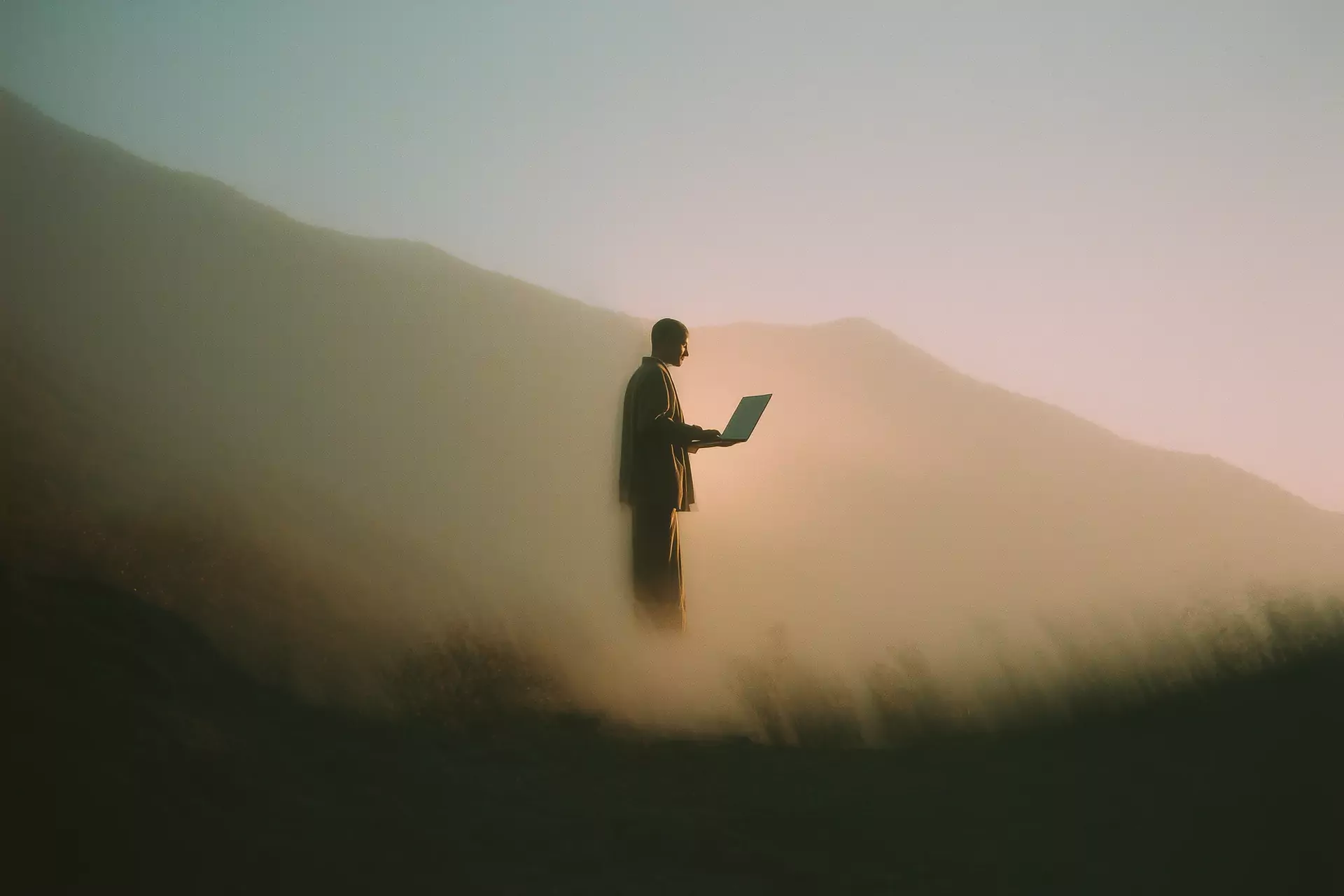 A figure reading a laptop on a hillside in low evening haze