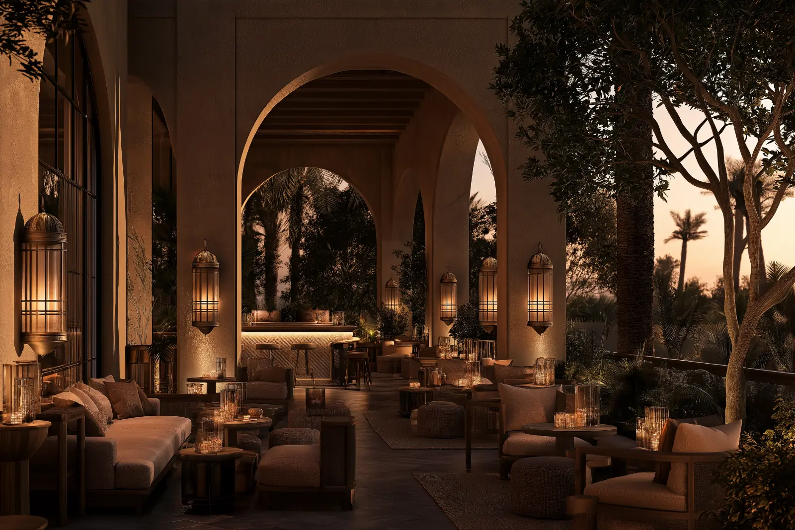 A terrace under stone arches with lanterns lit at dusk