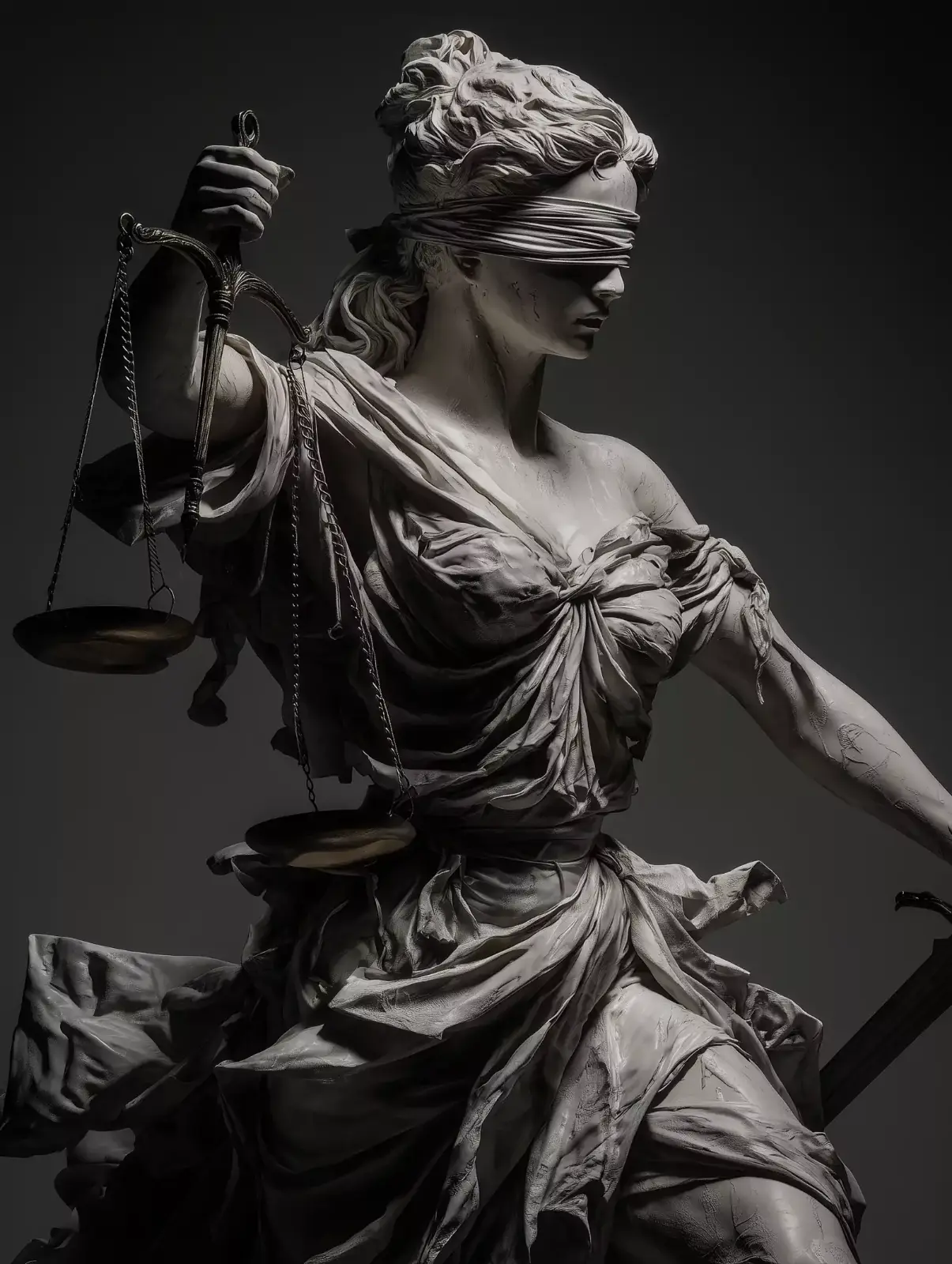 A bronze figure of justice holding scales