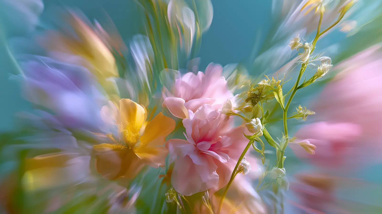 Blurred spring flowers in pink, yellow and teal