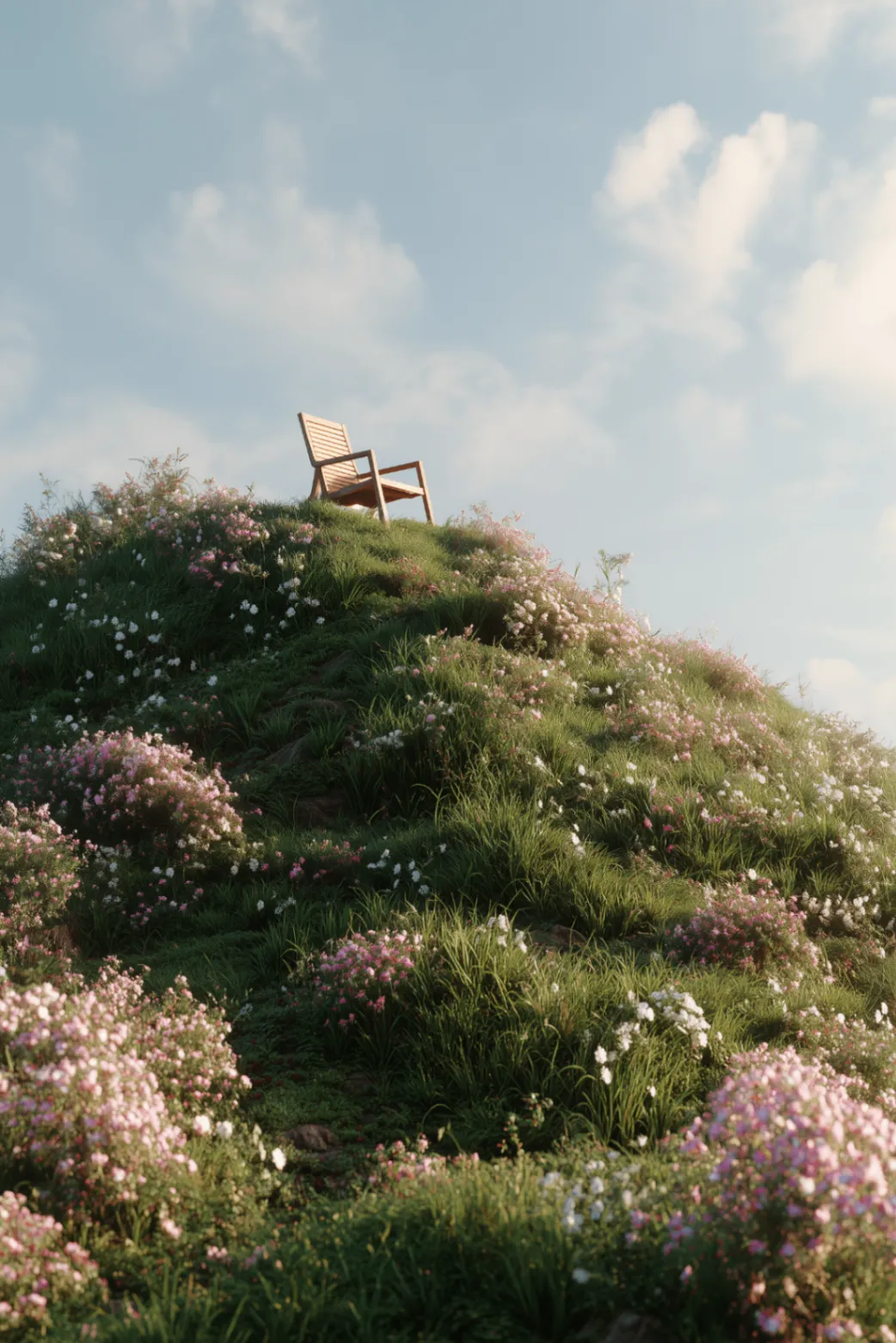 A single chair on a flowering hill