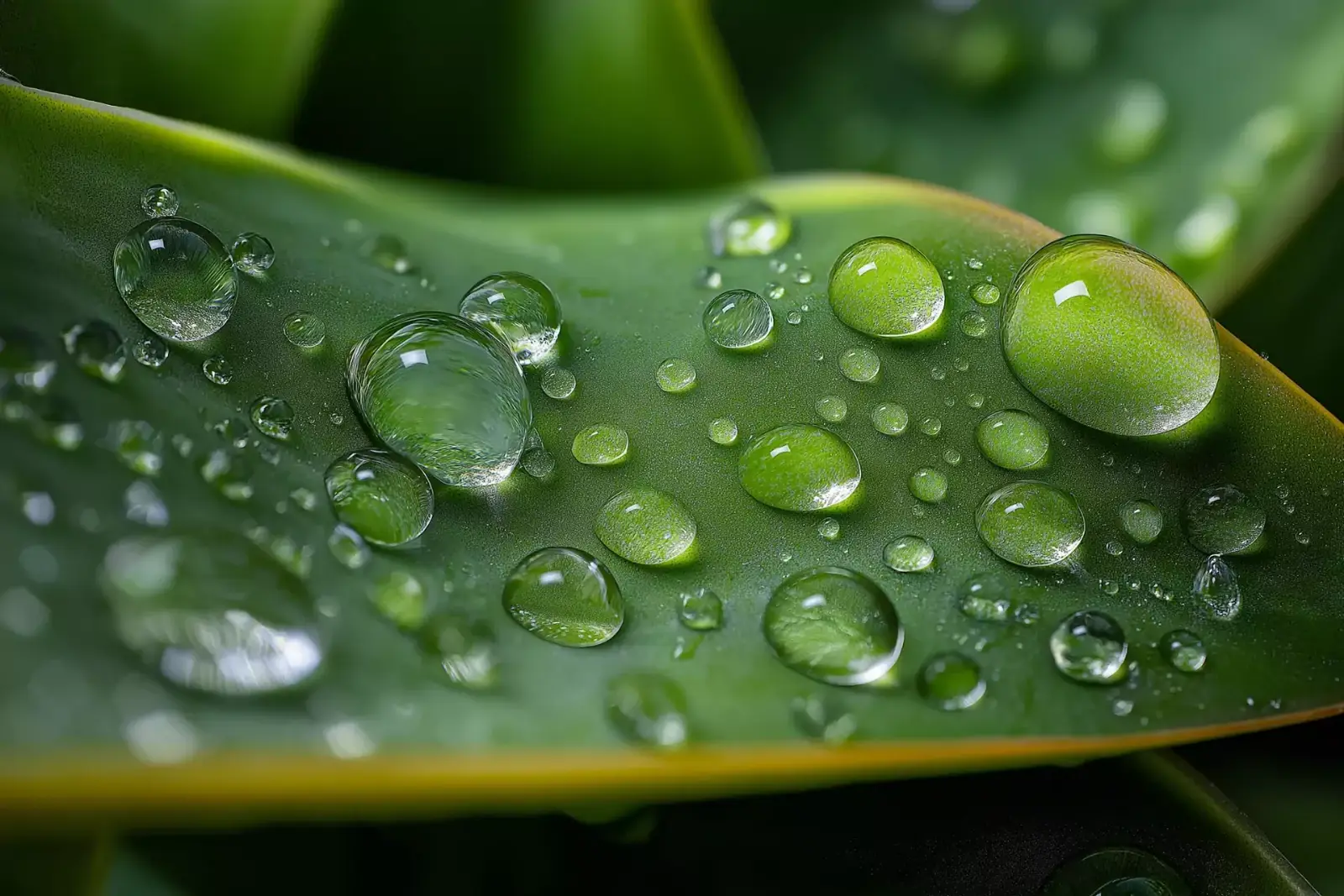 Rain drops on a broad green leaf