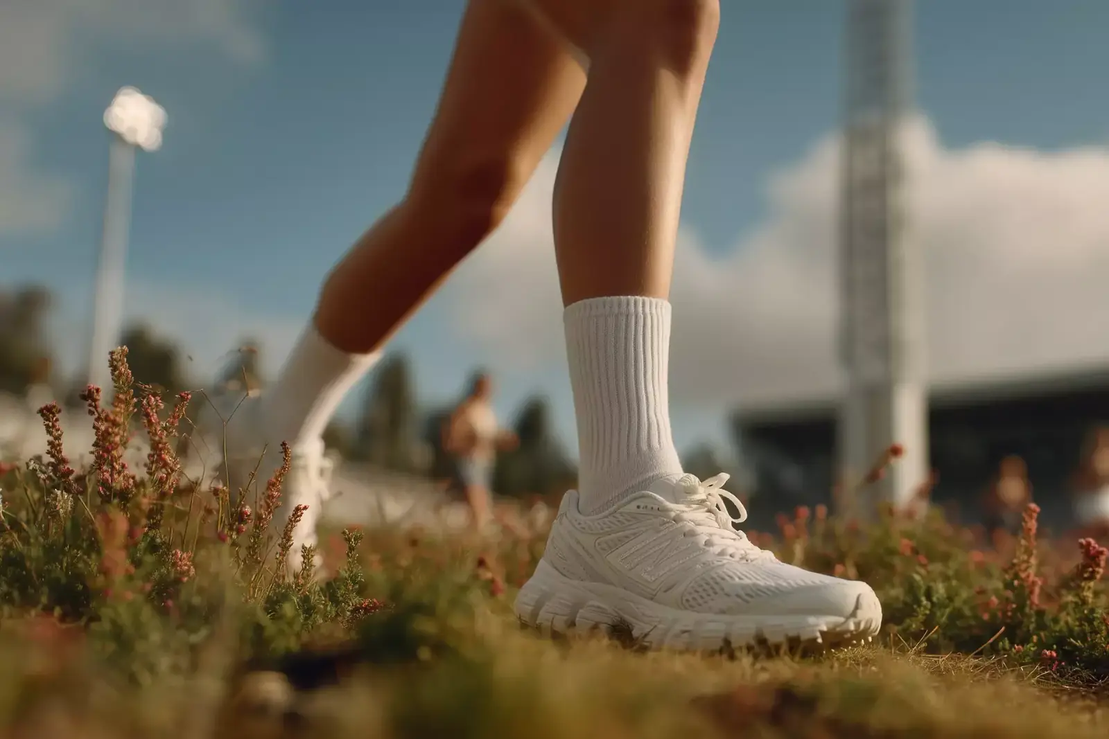 Running shoe and sock on grass, close up