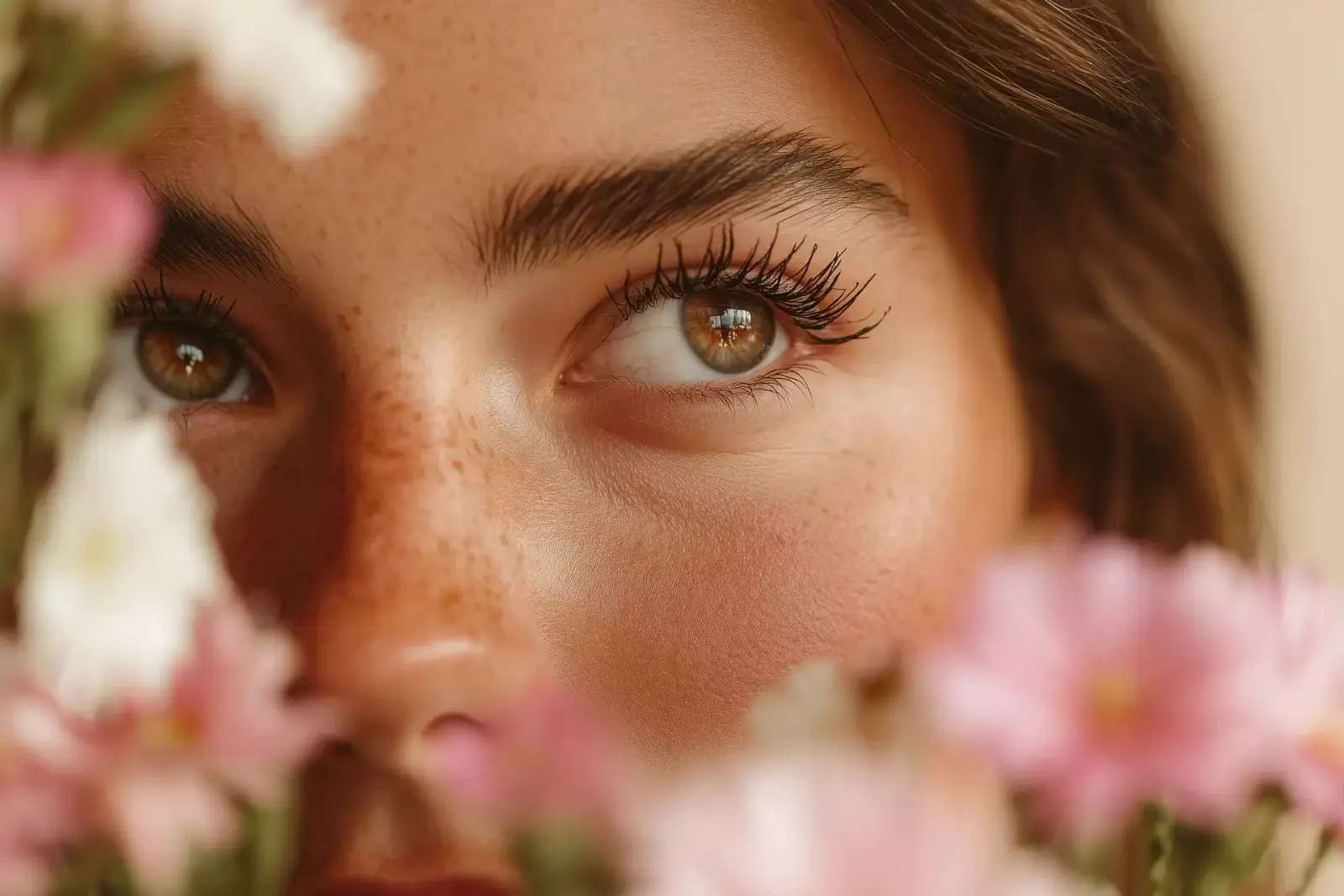 Close portrait of a woman behind spring flowers