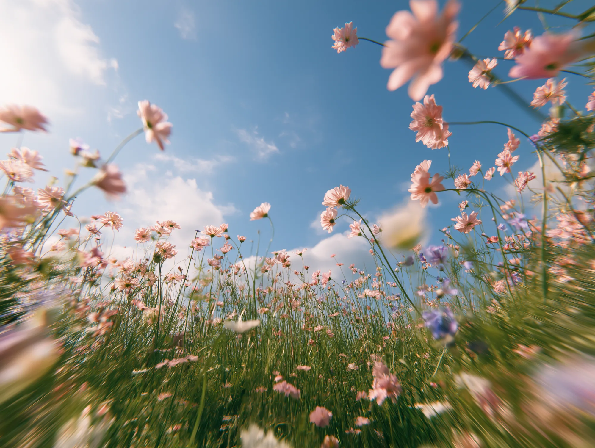 Pink flowers in a meadow seen from below against the sky