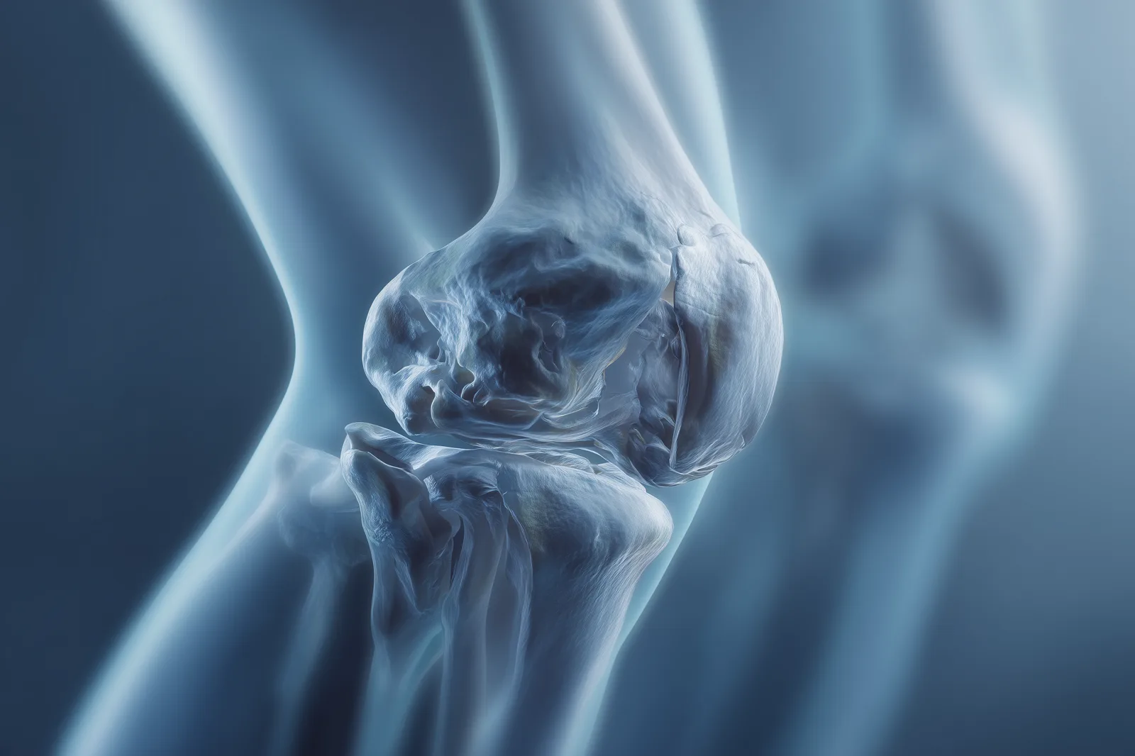Close-up of a knee joint in cool light