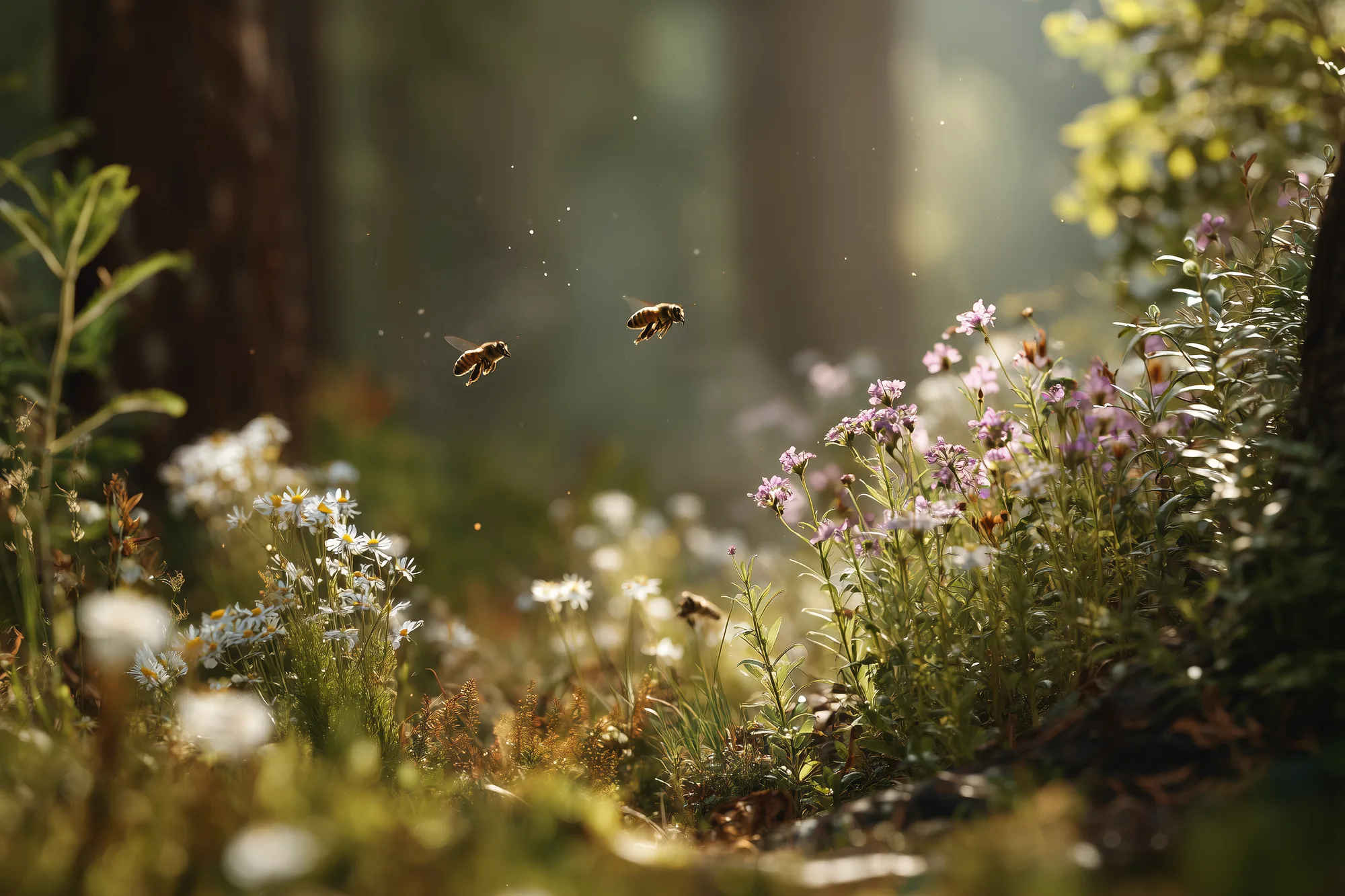 Wildflowers with bees in flight