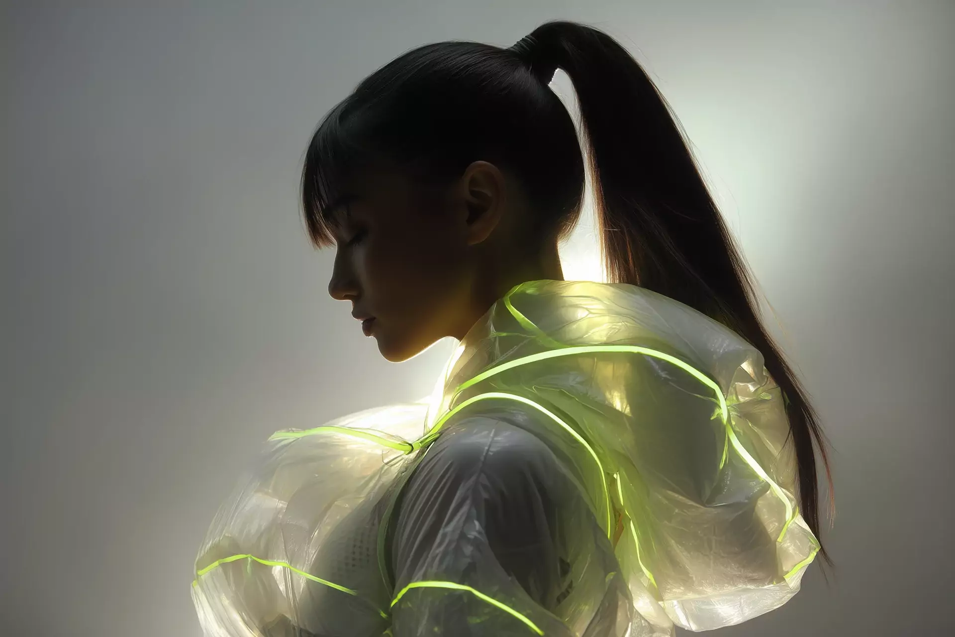 Translucent jacket with neon green seams in studio light