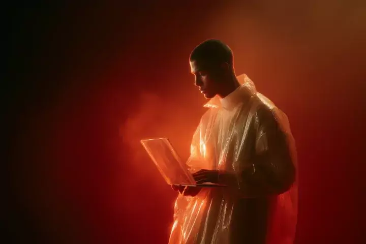A figure at work in deep red light