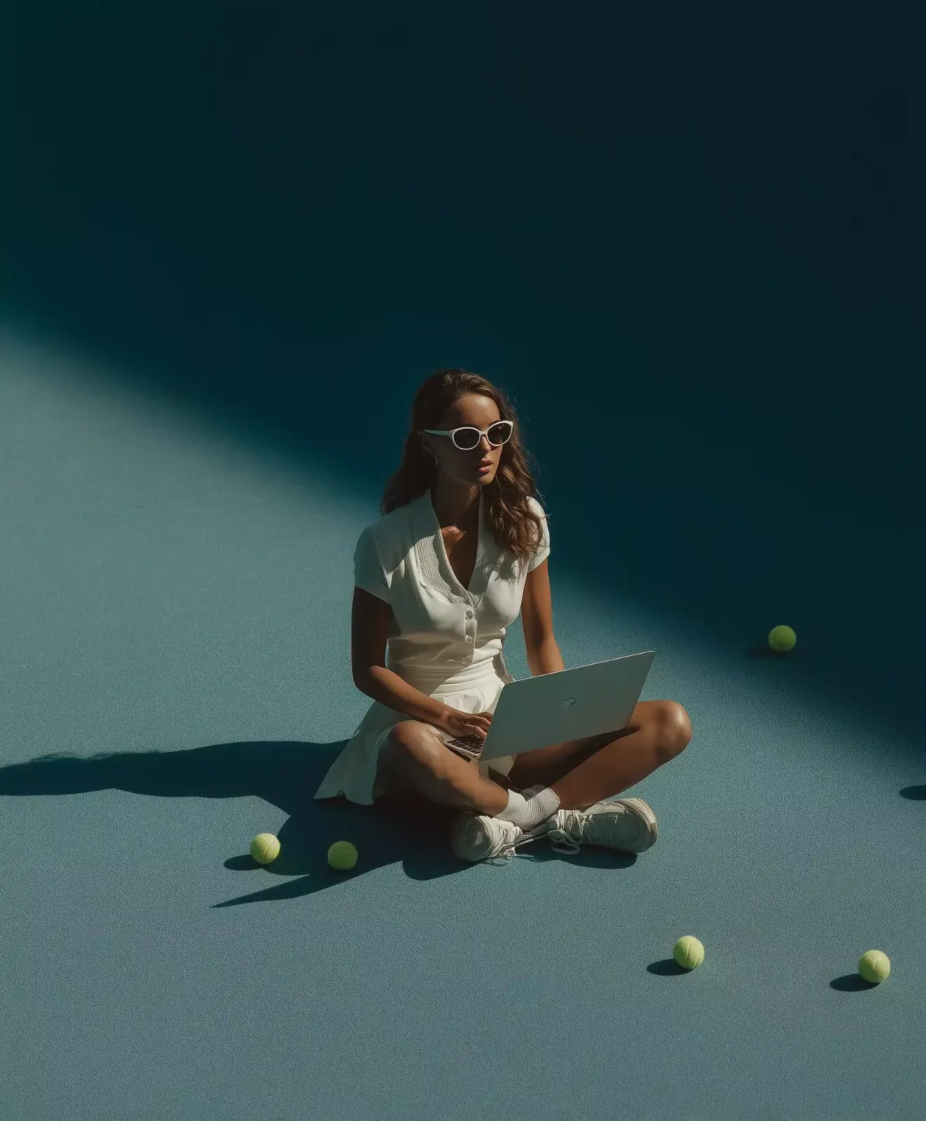 A woman sitting cross-legged on a blue court with a laptop on her knees