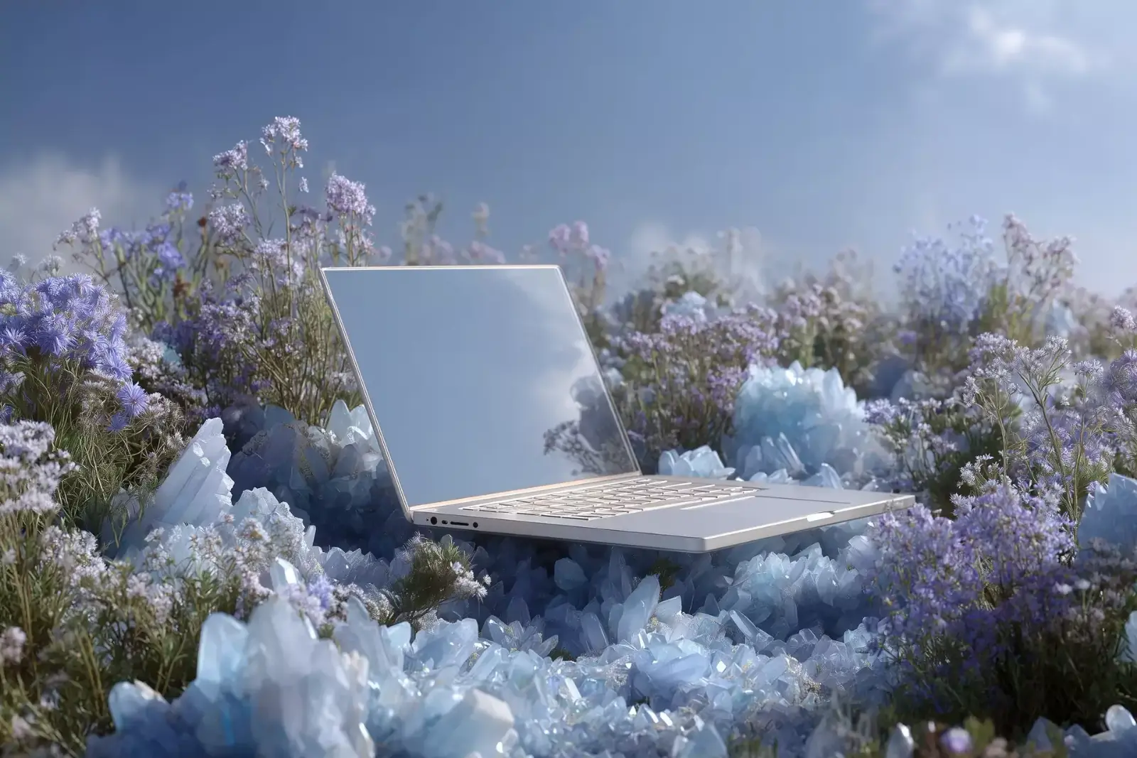 An open laptop standing in a field of pale blossoms