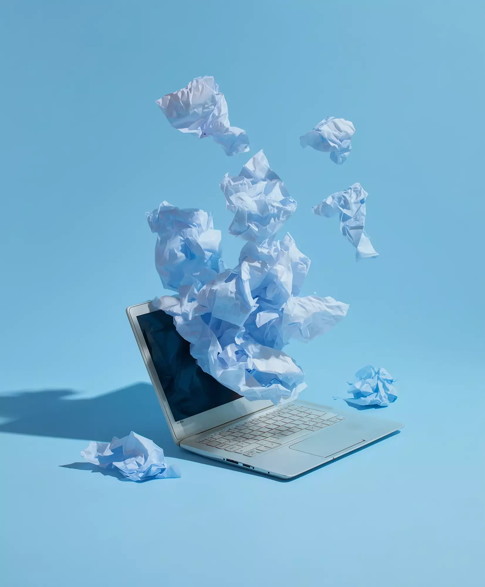 A laptop with pale blue shapes rising out of the screen