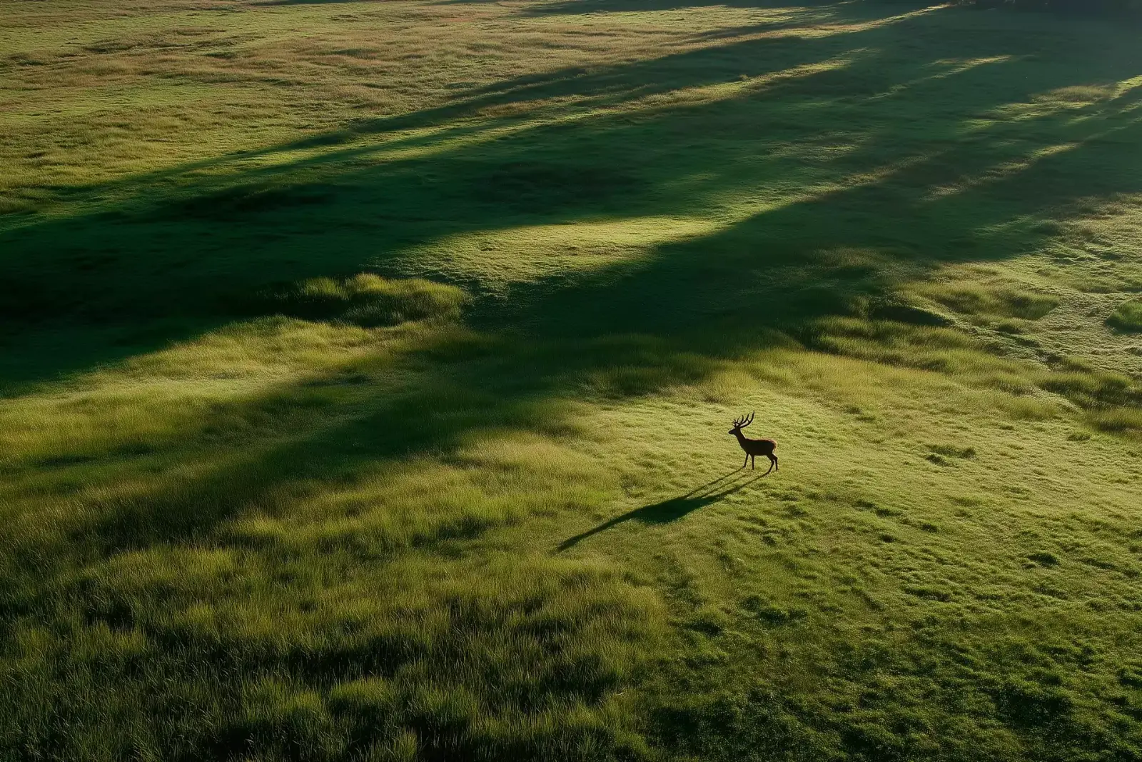 Late sun laying long shadows across an open meadow