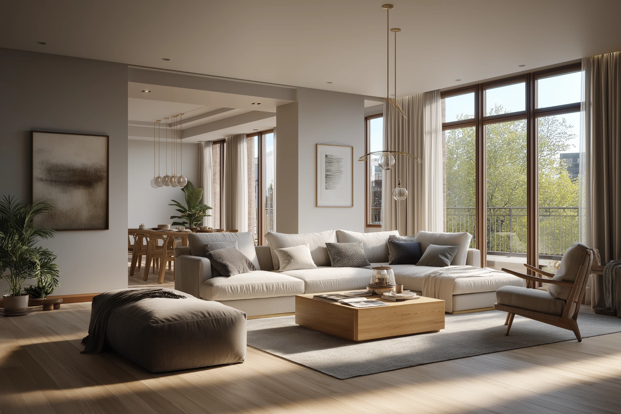 Bright living room with soft sofas and plenty of daylight