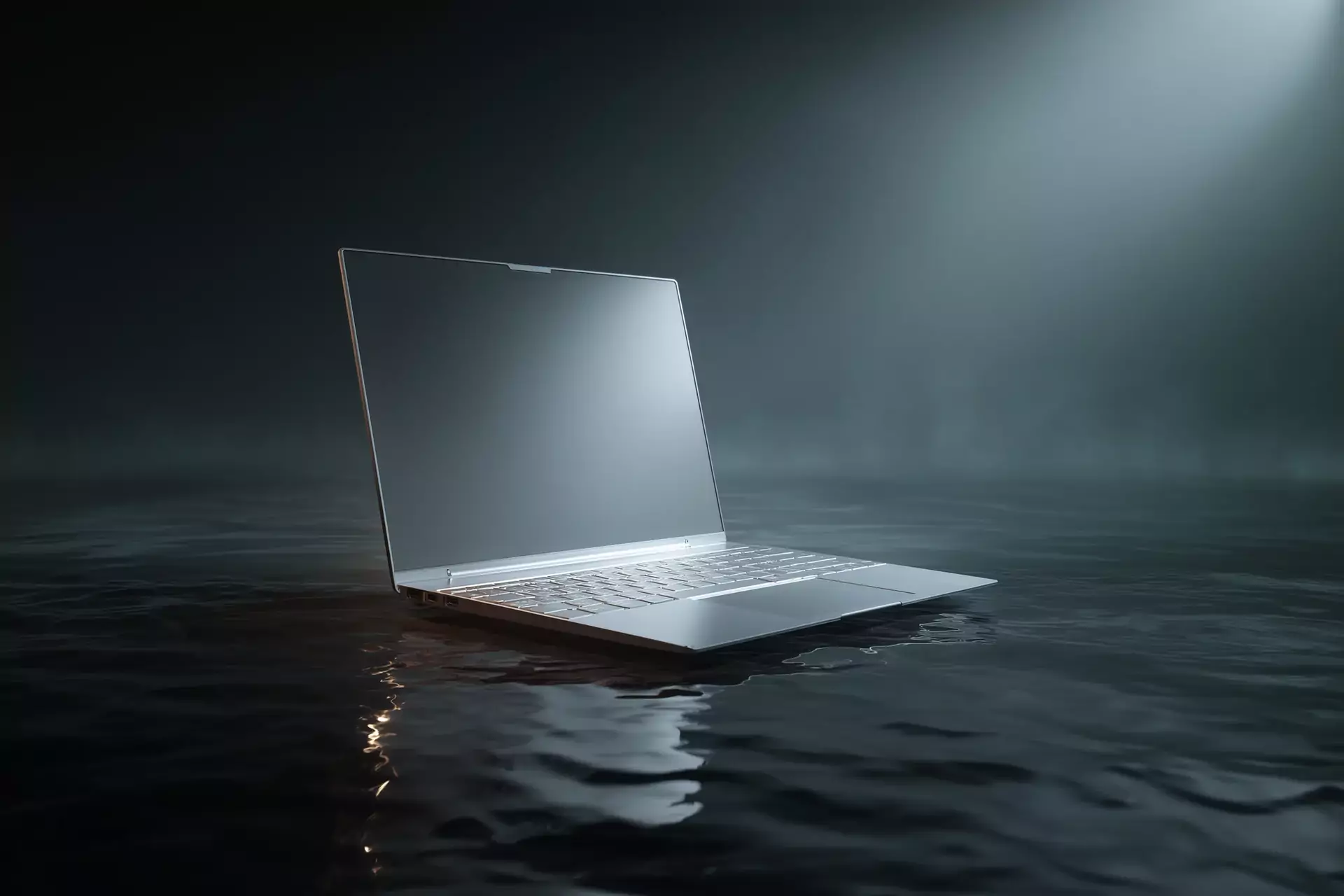 An open laptop standing in still water