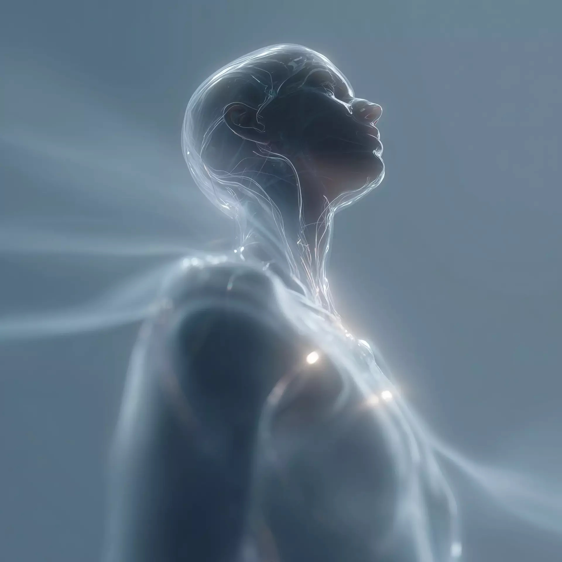 A glowing figure rendered in soft blue light