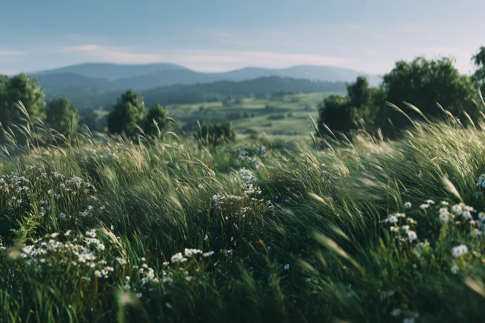 A meadow of grasses and wildflowers under hills