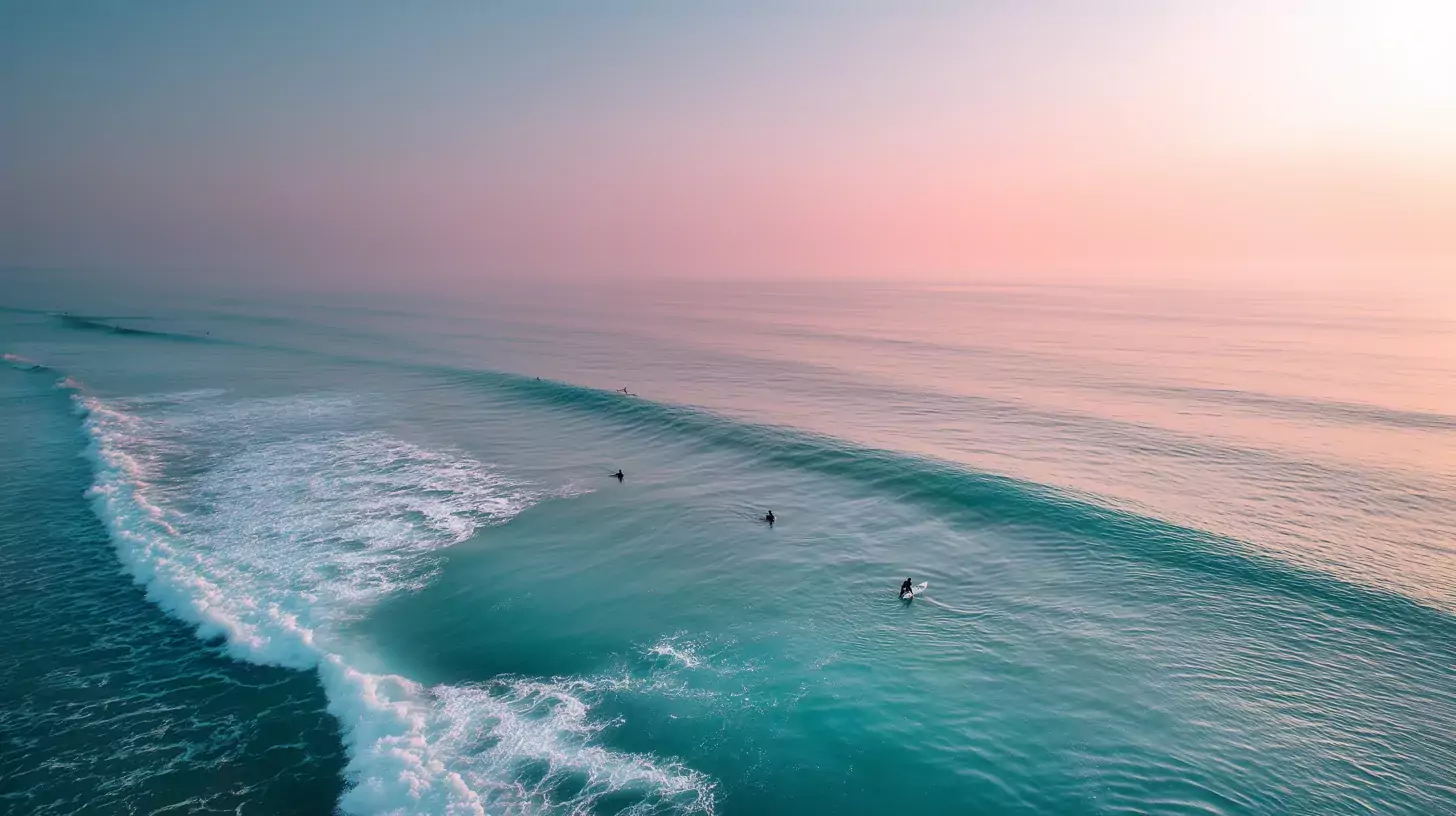 Surfers waiting on a calm sea at first light