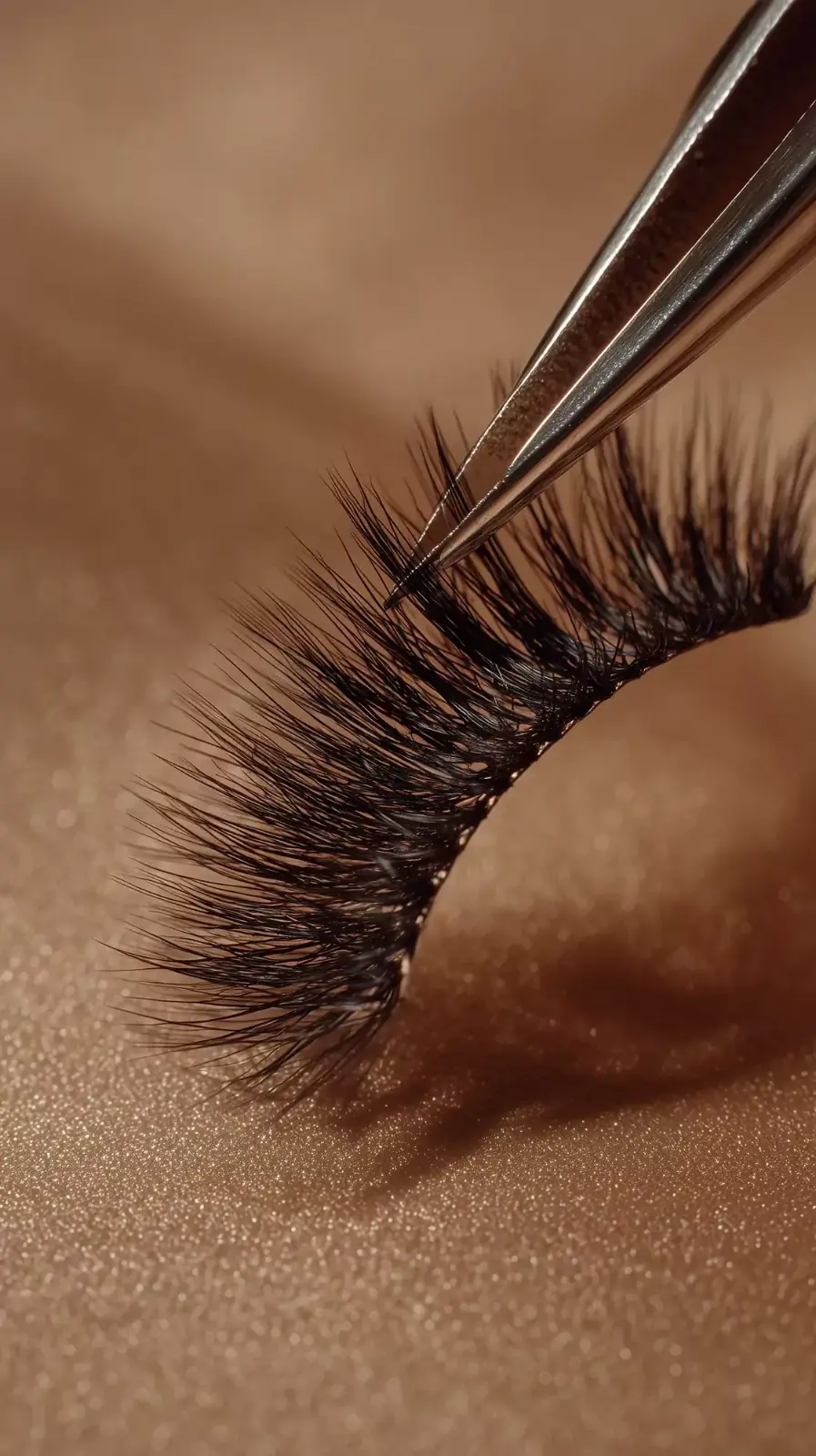 Close-up of a lash being placed with tweezers