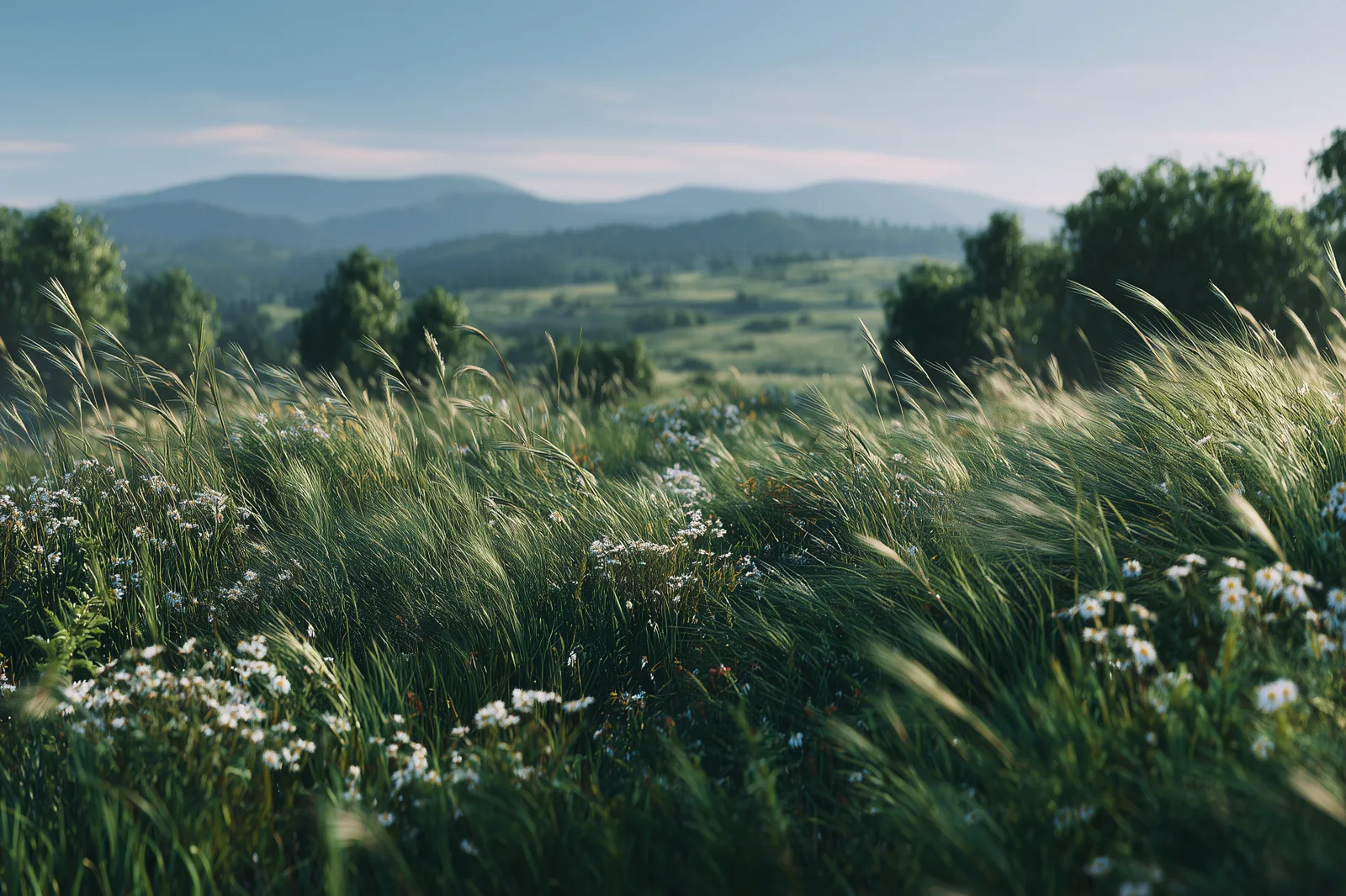 Calm spring meadow under a clear sky