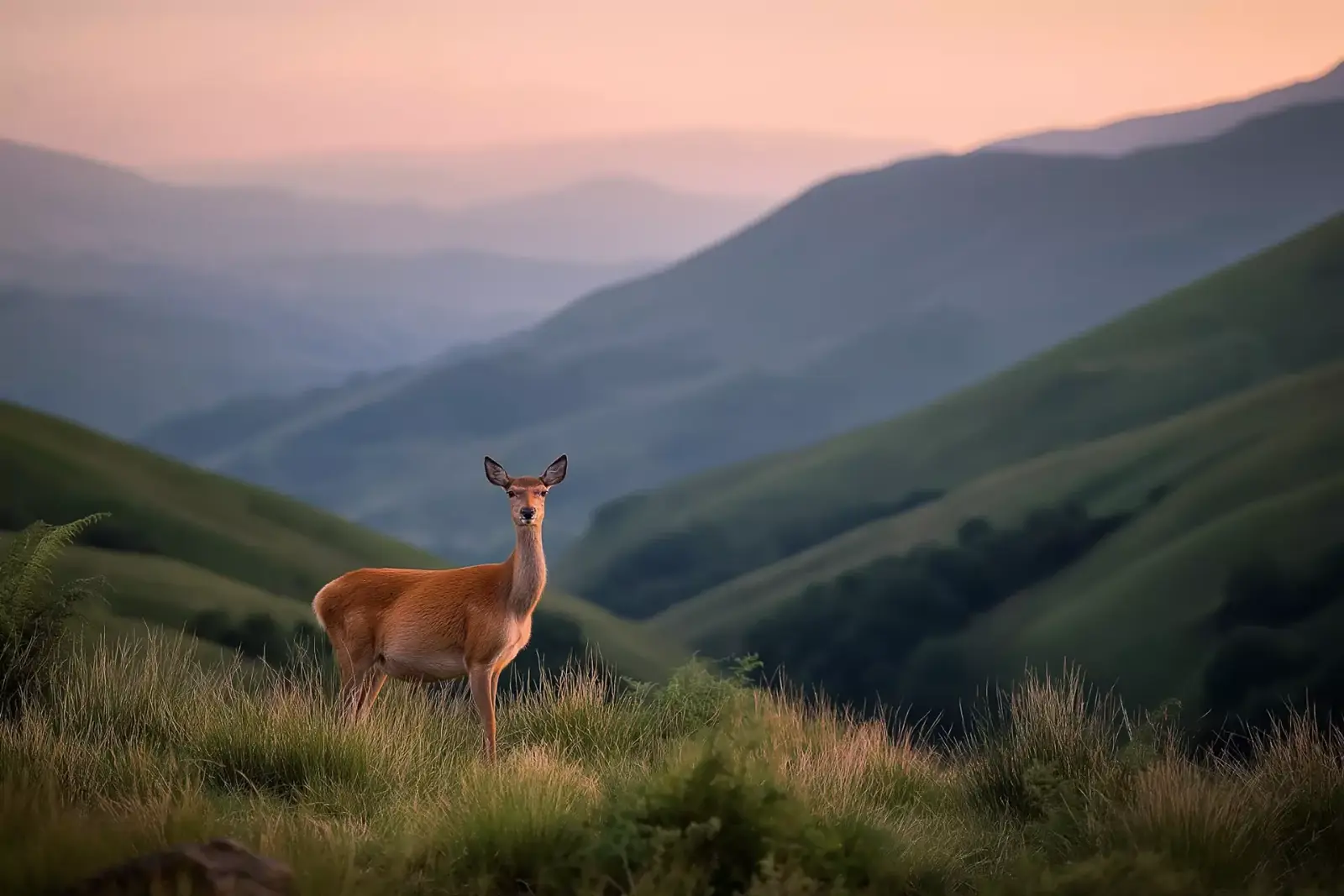 A deer on a hilltop at dawn with mountains behind