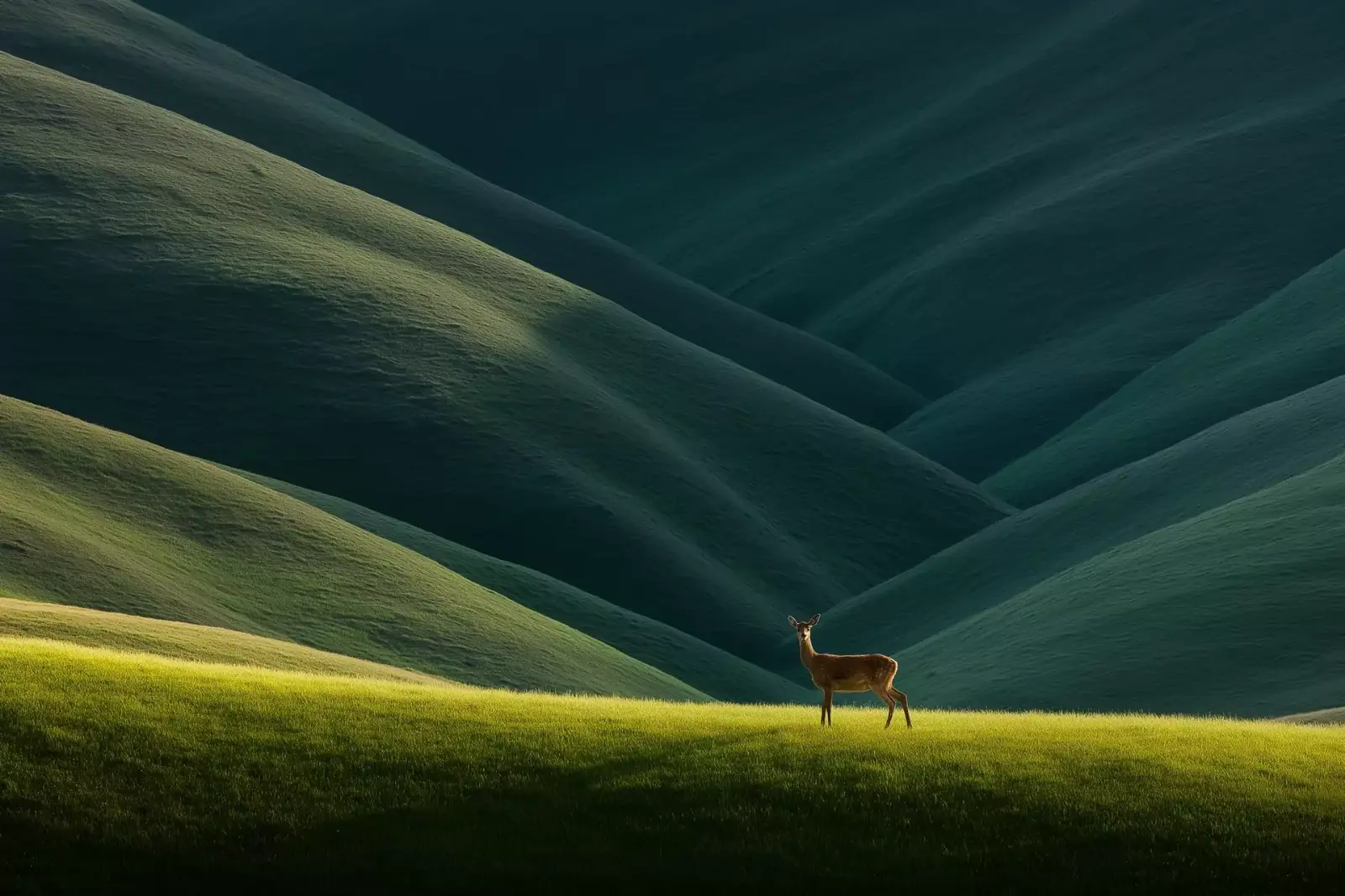 A deer on a sunlit ridge in front of dark rolling hills