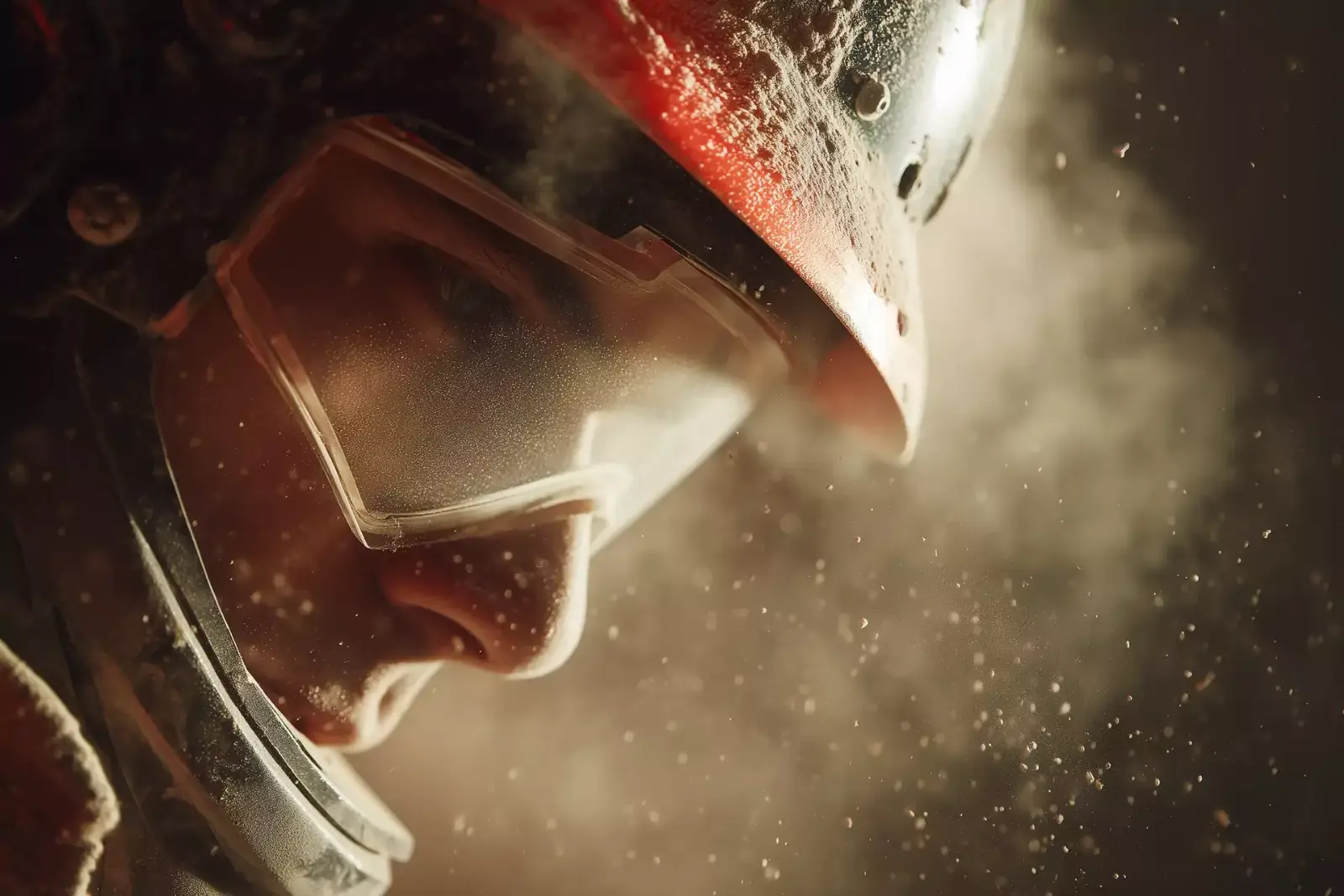 A rider in a helmet and goggles in dust and low sun