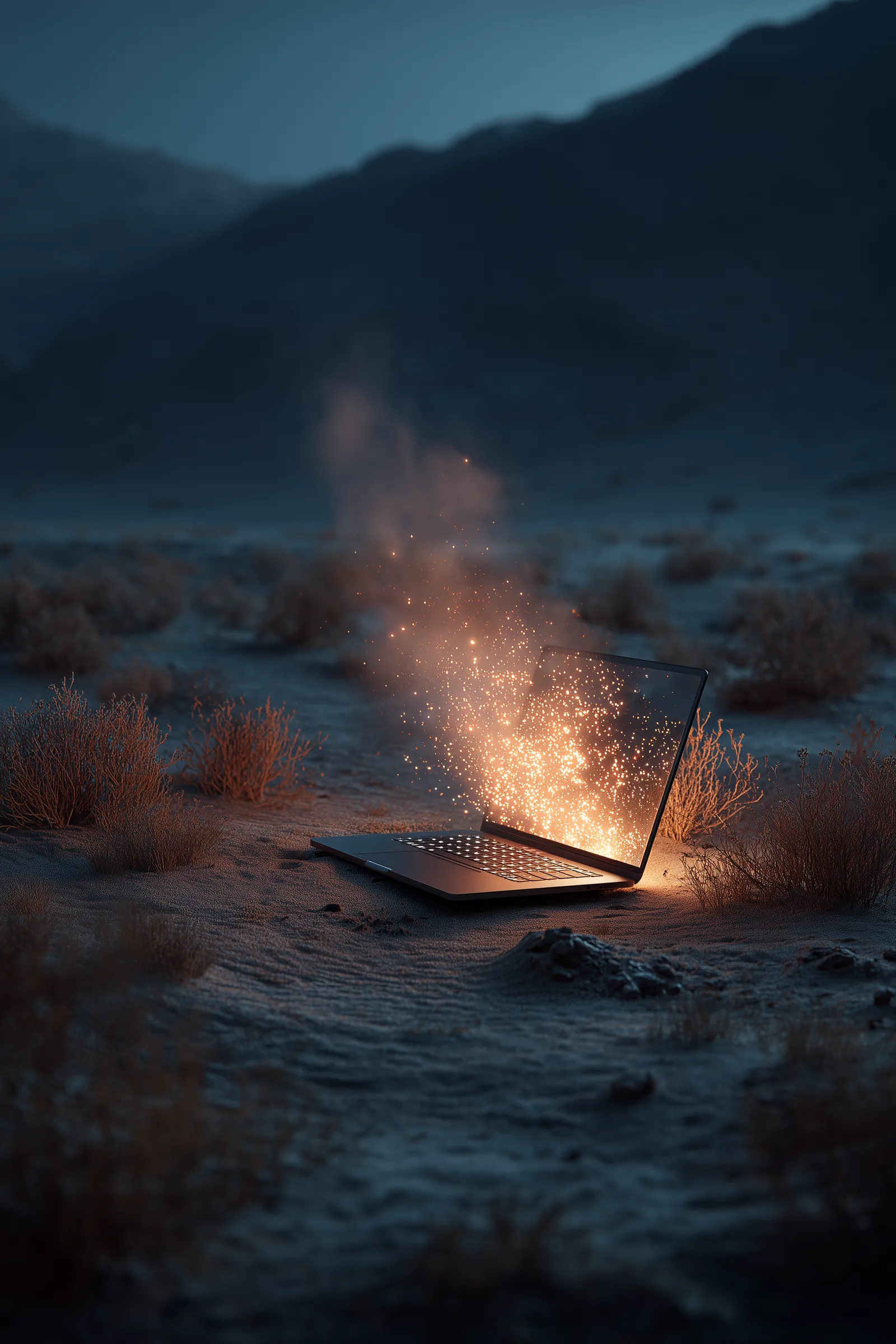 A laptop glowing softly at dusk.