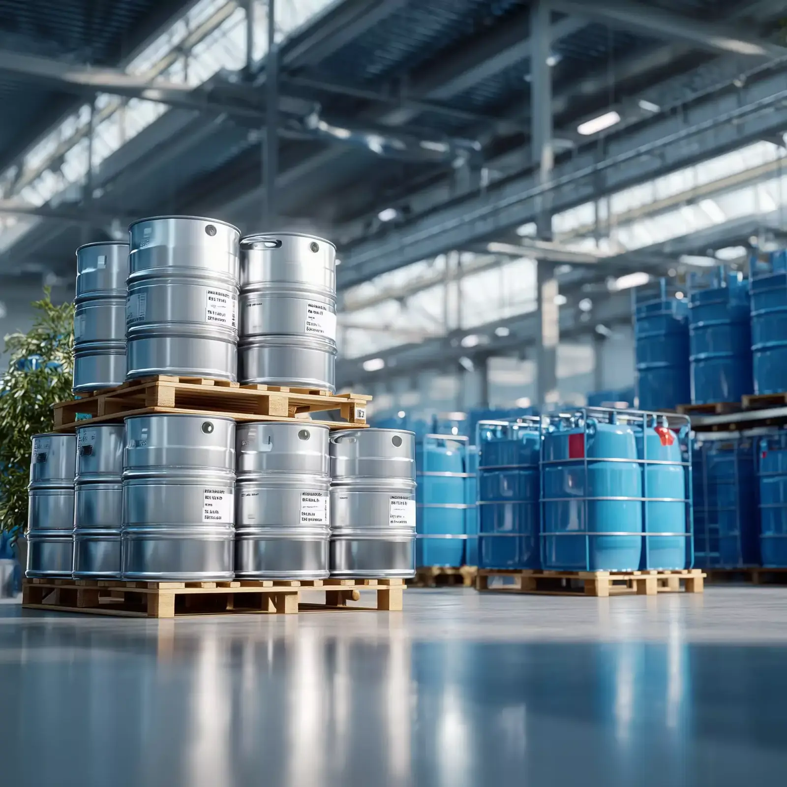 Stainless steel drums on pallets in a bright storage hall