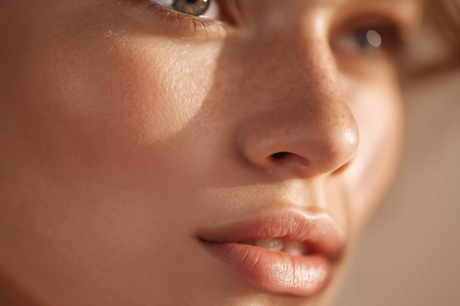 A face turned into warm light, close enough to see the pores