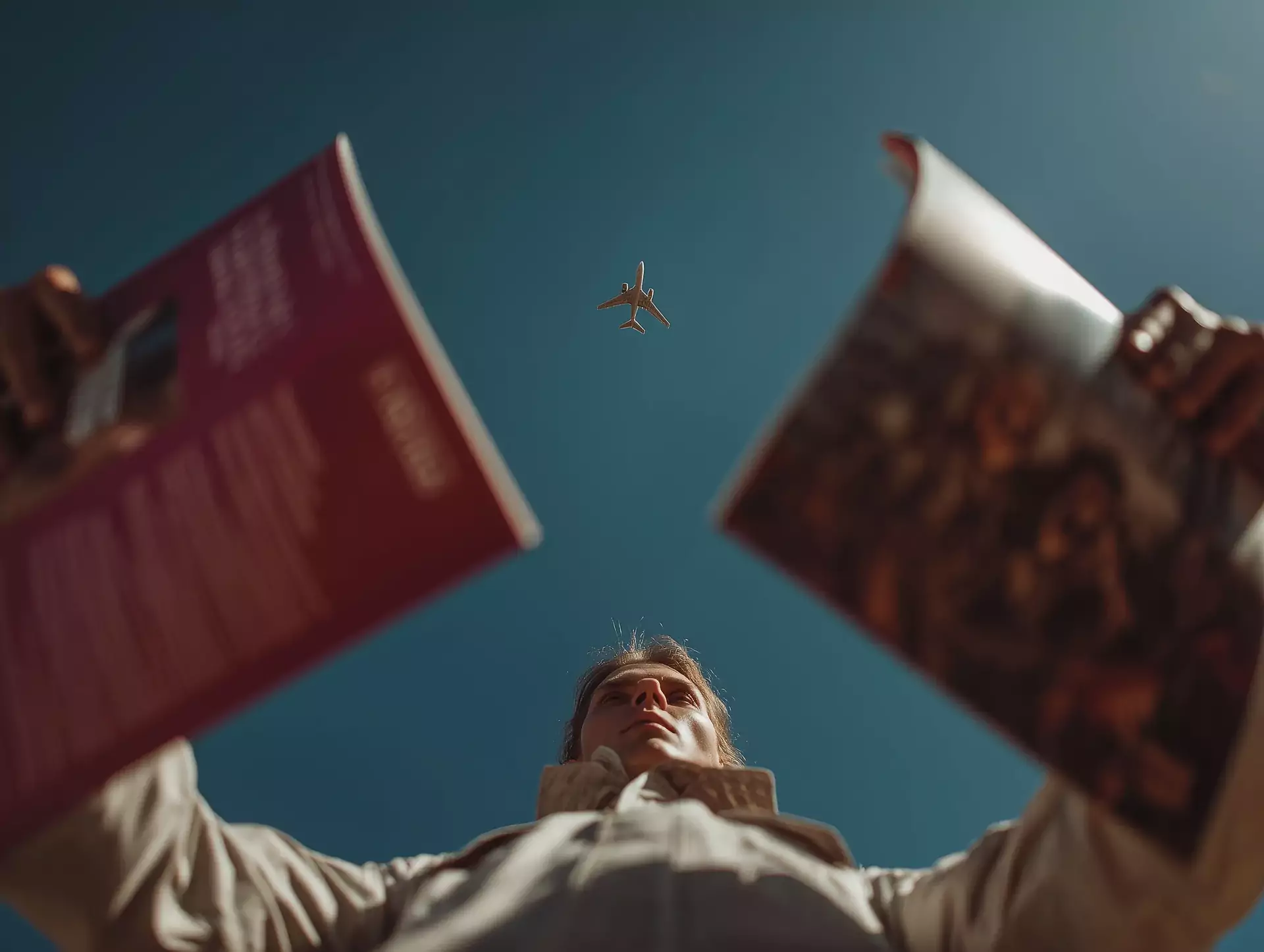Someone looking up as a plane passes over