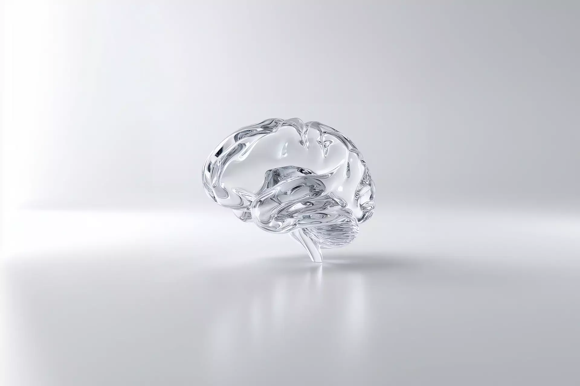 A brain sculpted in clear glass on a pale surface