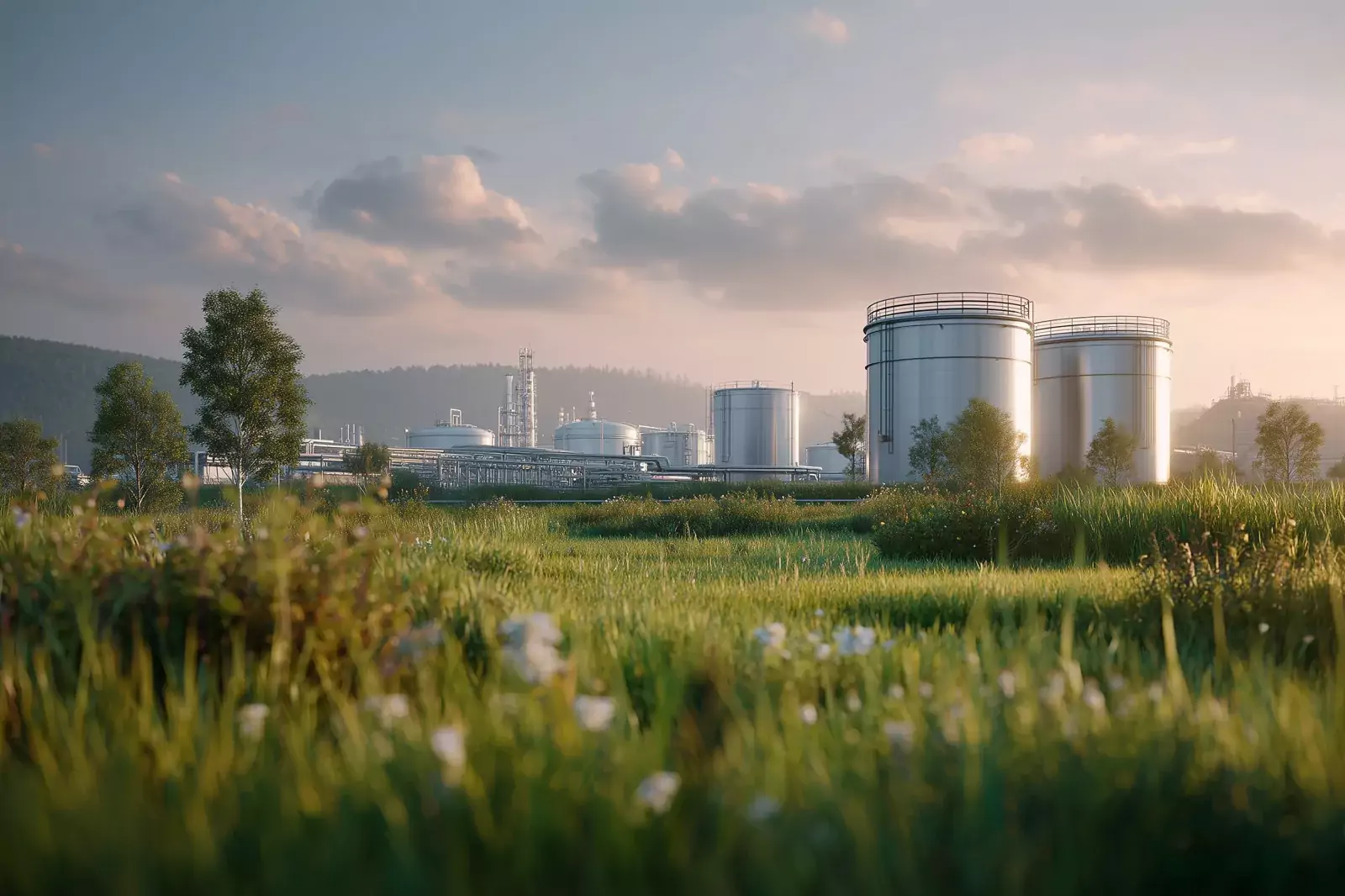 Plant site at dusk with storage tanks behind the meadow