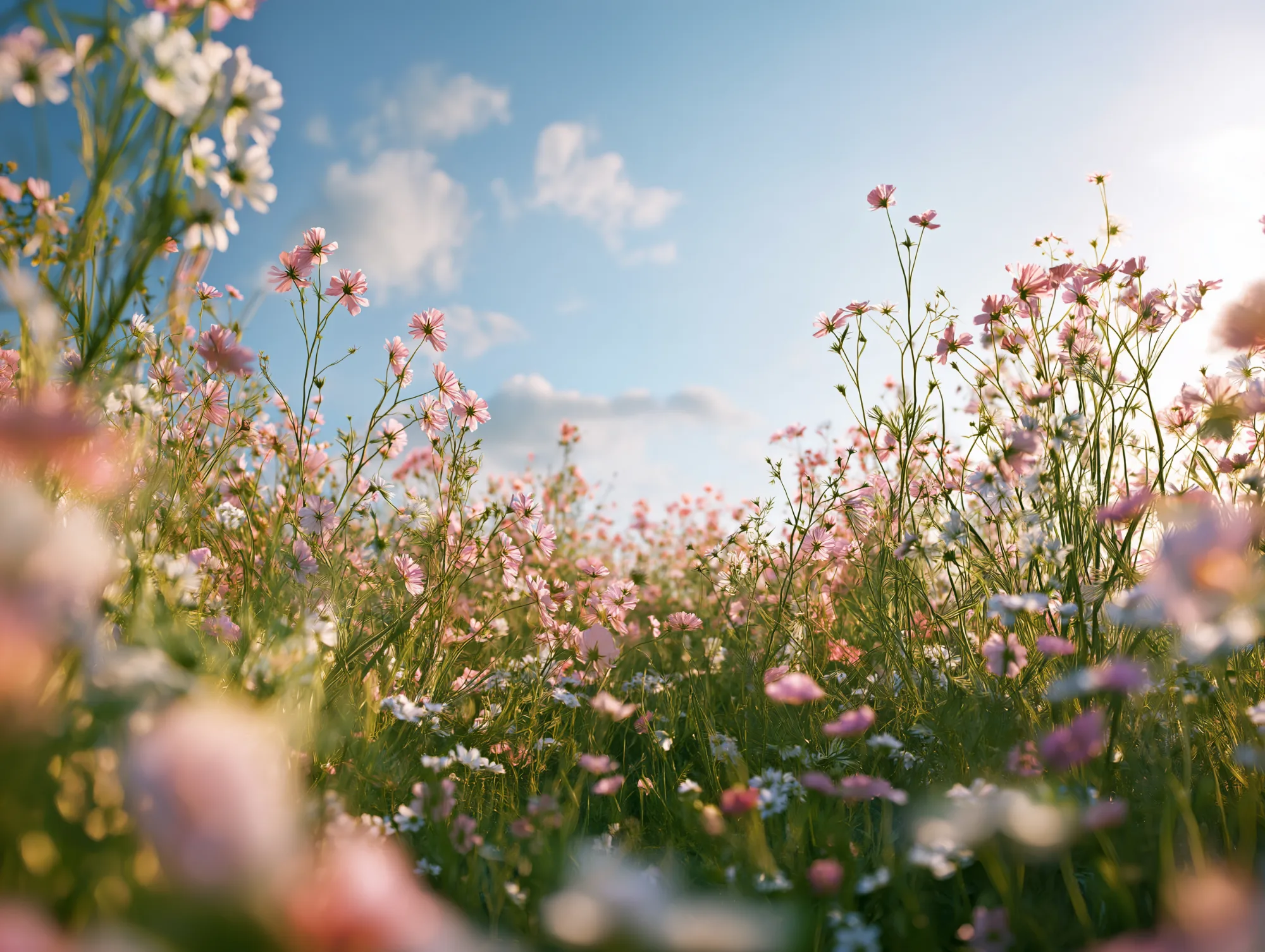 Wild cosmos in a summer meadow, seen from low down against the sky