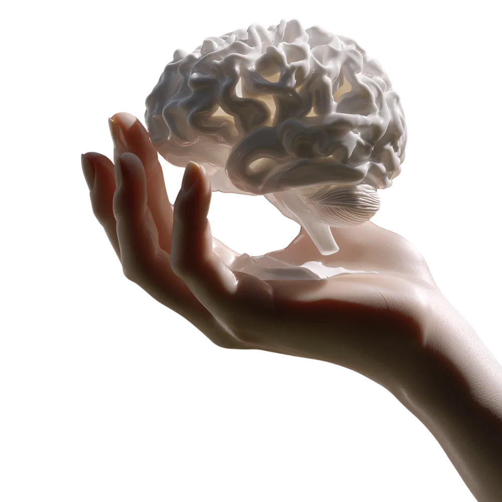 A hand holding a translucent model of a brain
