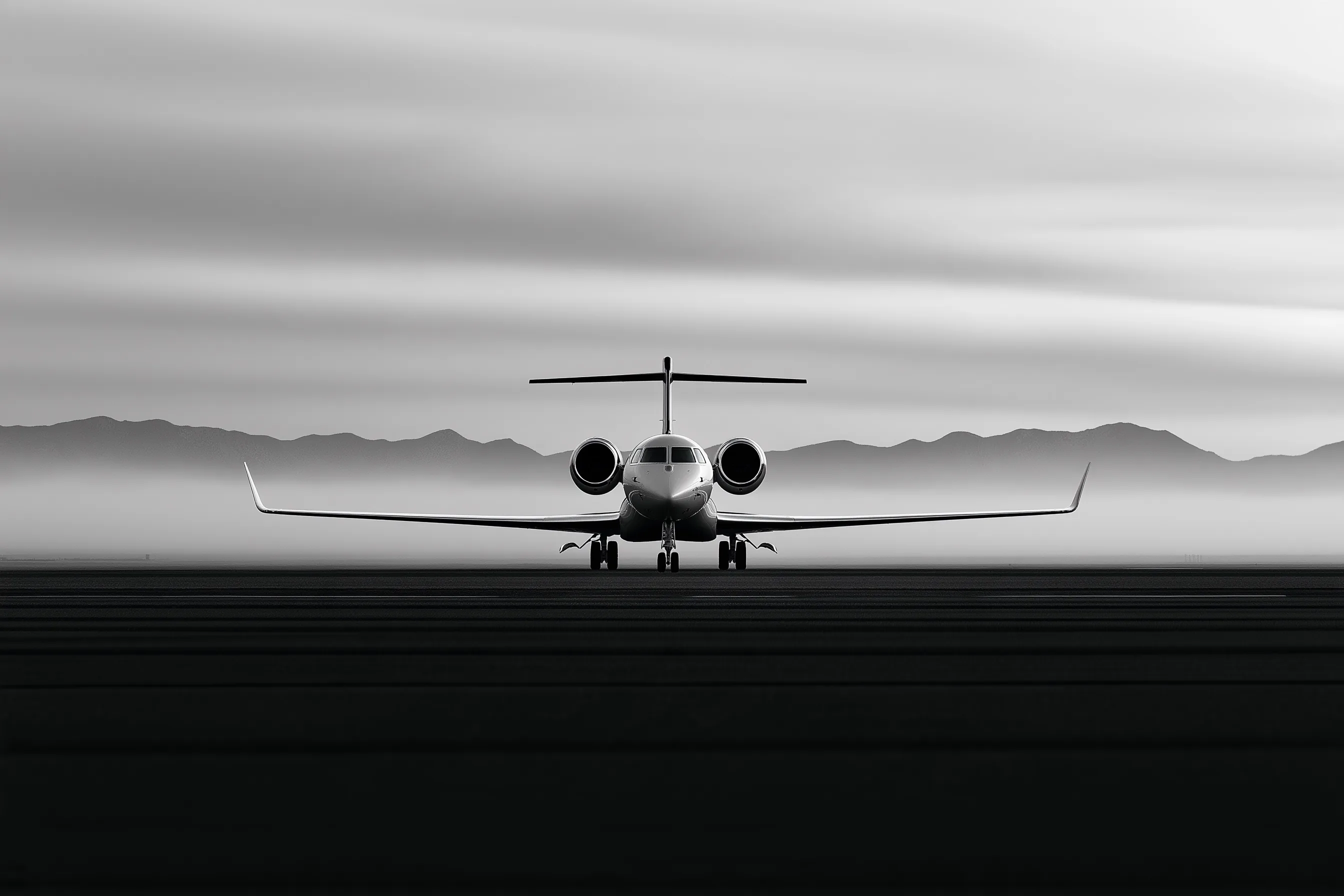 A private jet facing the camera on a runway, mountains in haze behind it, in black and white.
