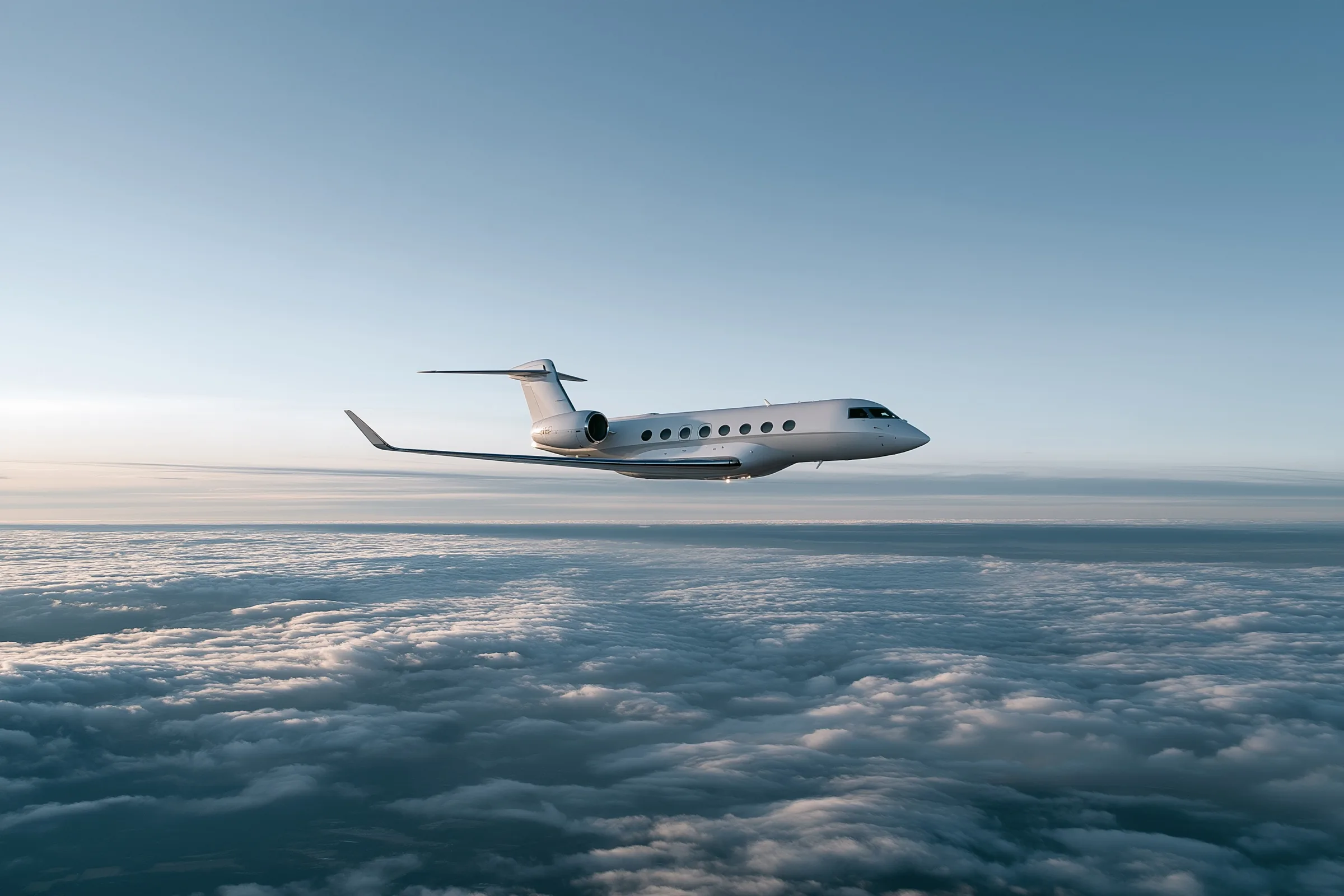 A private jet in profile, high above a sea of cloud.