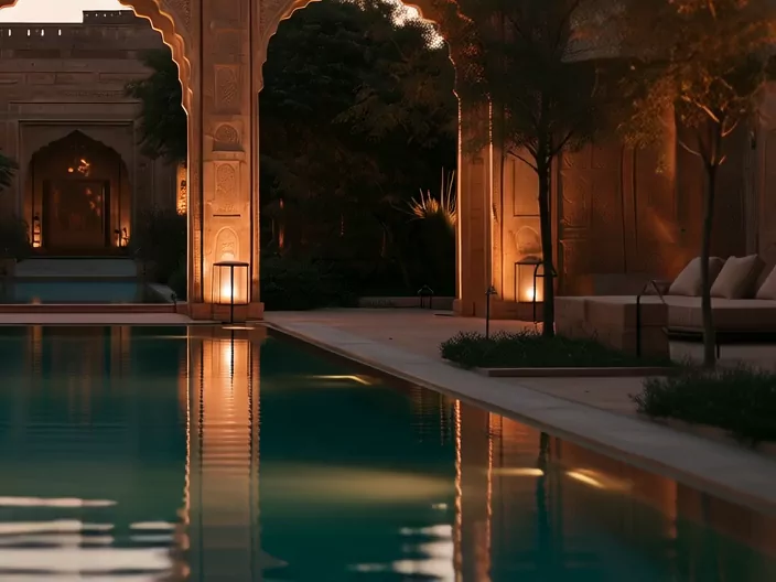 Low sofas under the arcade beside the pool, lanterns lit